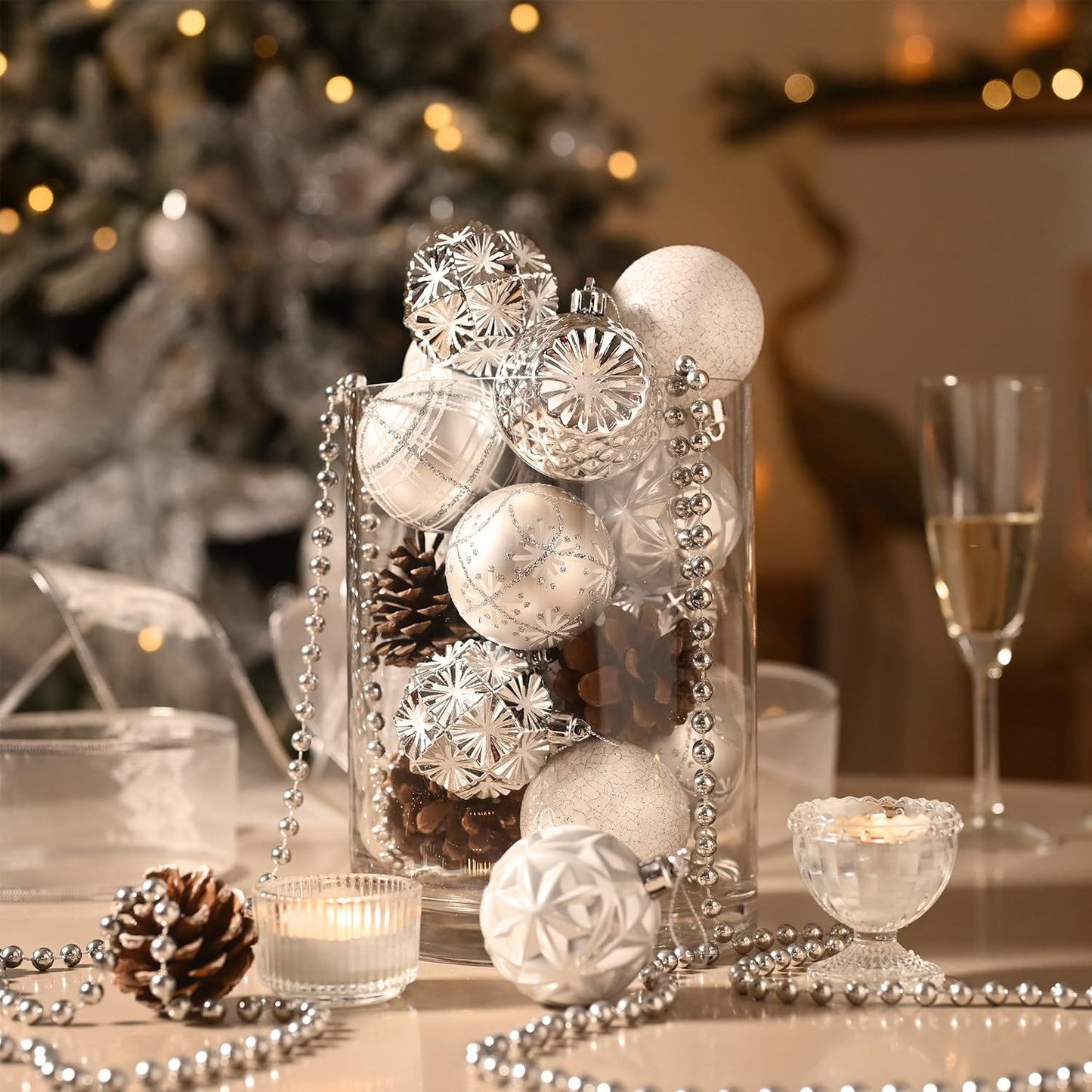 Valery Madelyn Ornaments for Christmas Trees, 16ct 2.36 Inches White and Silver Shatterproof Christmas Tree Decorations, Luxury Hanging Ball Ornaments for Xmas Holiday Party Decor