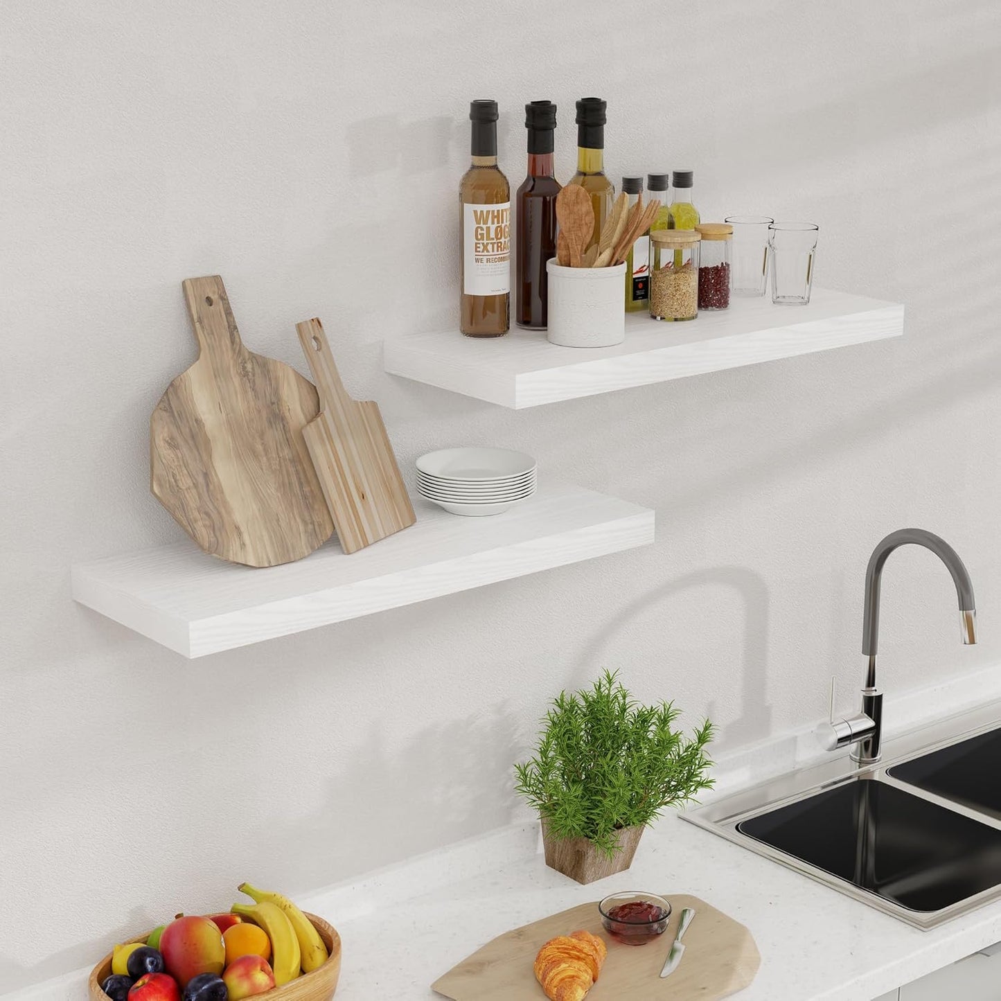 24 Inch Floating Shelves, Rustic 24 x 9 White Floating Shelf for Wall, White Bathroom Shelves Set of 2, Farmhouse Wood Wall Shelf for Bedroom, Kitchen, 9 Inch Deep Shelves for Home Storage