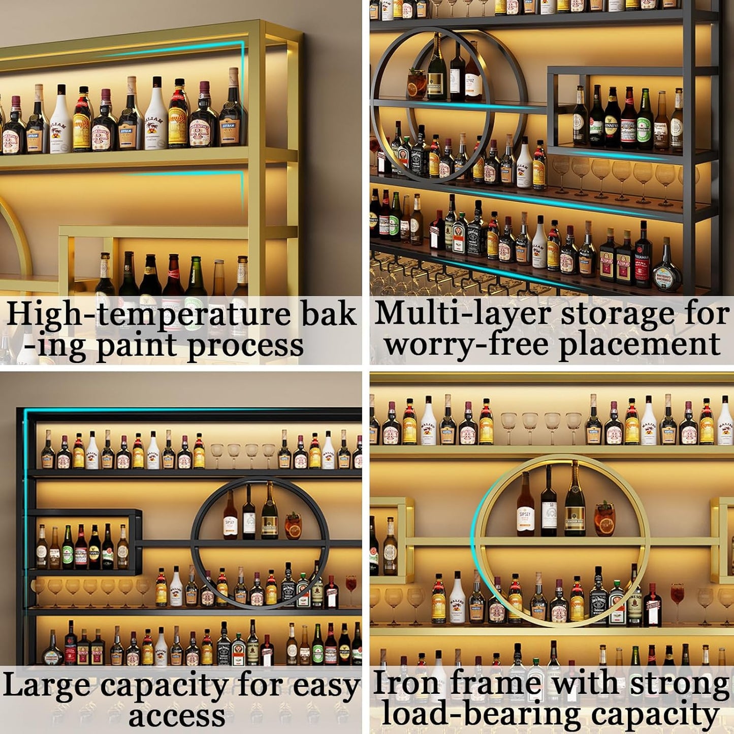 47.2in Wall Mounted Wine Rack, Modern Metal Wine Bottle and Glass Holder, Iron Display Stand Decorative Wine Rack, for Bar Living Room Dining Room Background (Black, 47.2 * 8 * 51INCHES)