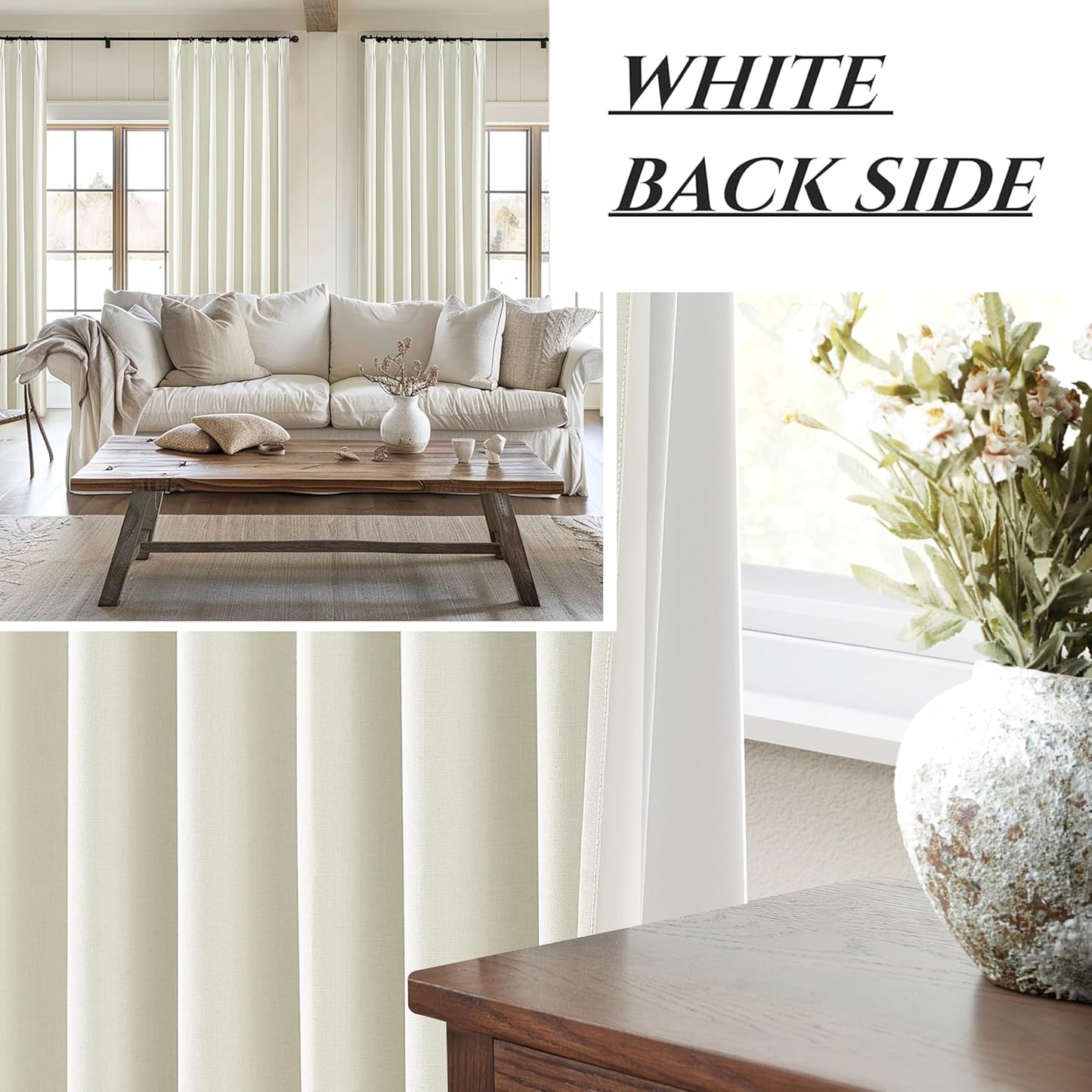 Cream White Viral Blackout Canvas Curtains 100 Inches Long 2 Panels Set for Bedroom, Neutral Pinch Pleated Linen Heavy Thermal Curtains for Winter Room Darkening Insulated Window Drapes 40x100 Inch