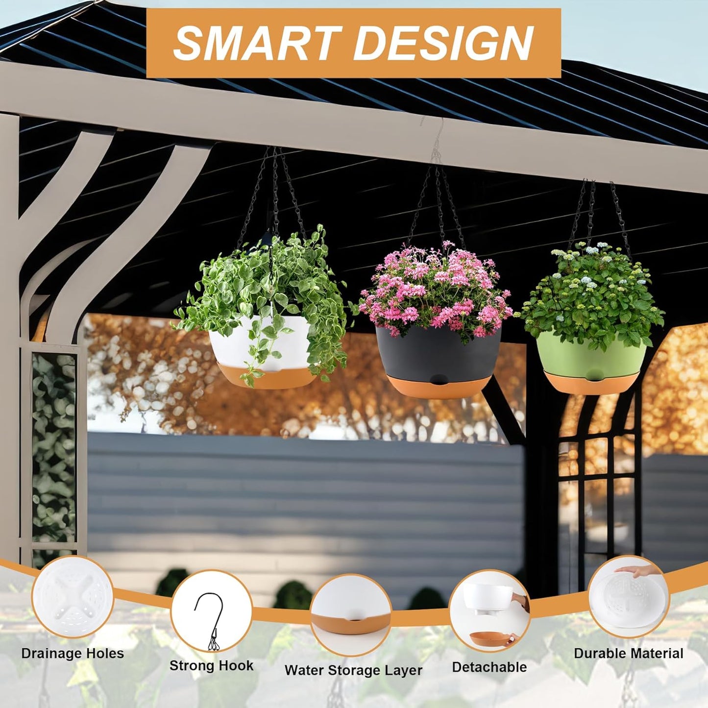8/10/12 inch Hanging Planters for Indoor Outdoor Plants with Self-Watering Pots, 3 Pack Plastic Hanging Basket with Removable Tray for Home Garden Porch Balcony Patio Decor(White)