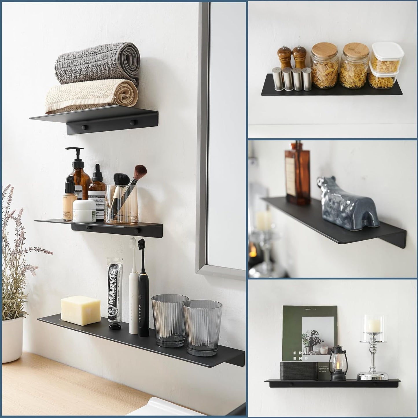 JOOM Small Metal Wall Floating Shelf - Metal Wall Shelf, Black Floating Shelf, Small Bathroom Shelf, Display Shelves for Living Room/Kitchen/Bedroom (Black, 8Inch)