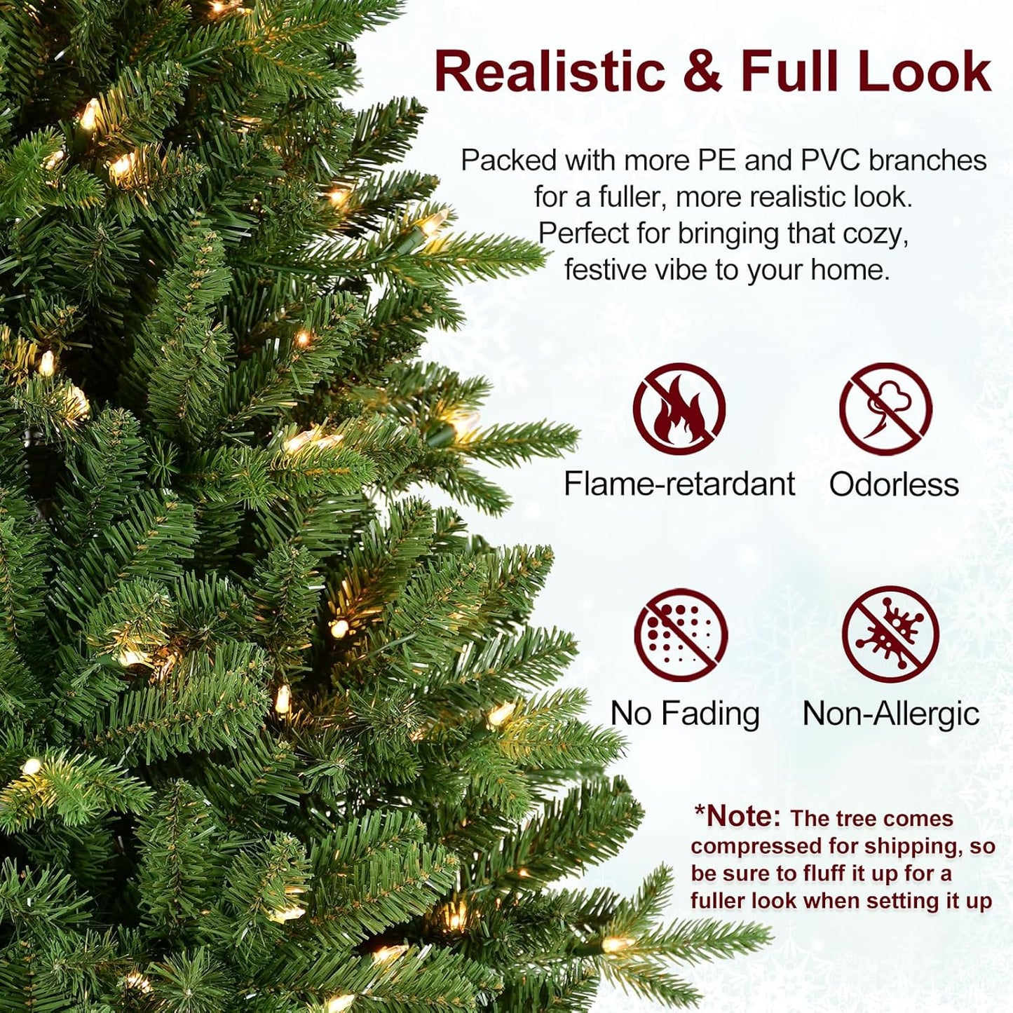 8FT Pre-Lit Artificial Christmas Tree with 2748 PE&PVC Mixed Branch Tips, 600 Warm White Lights, Hinged Premium Spruce Fake Xmas Trees, Green, Foldable Base