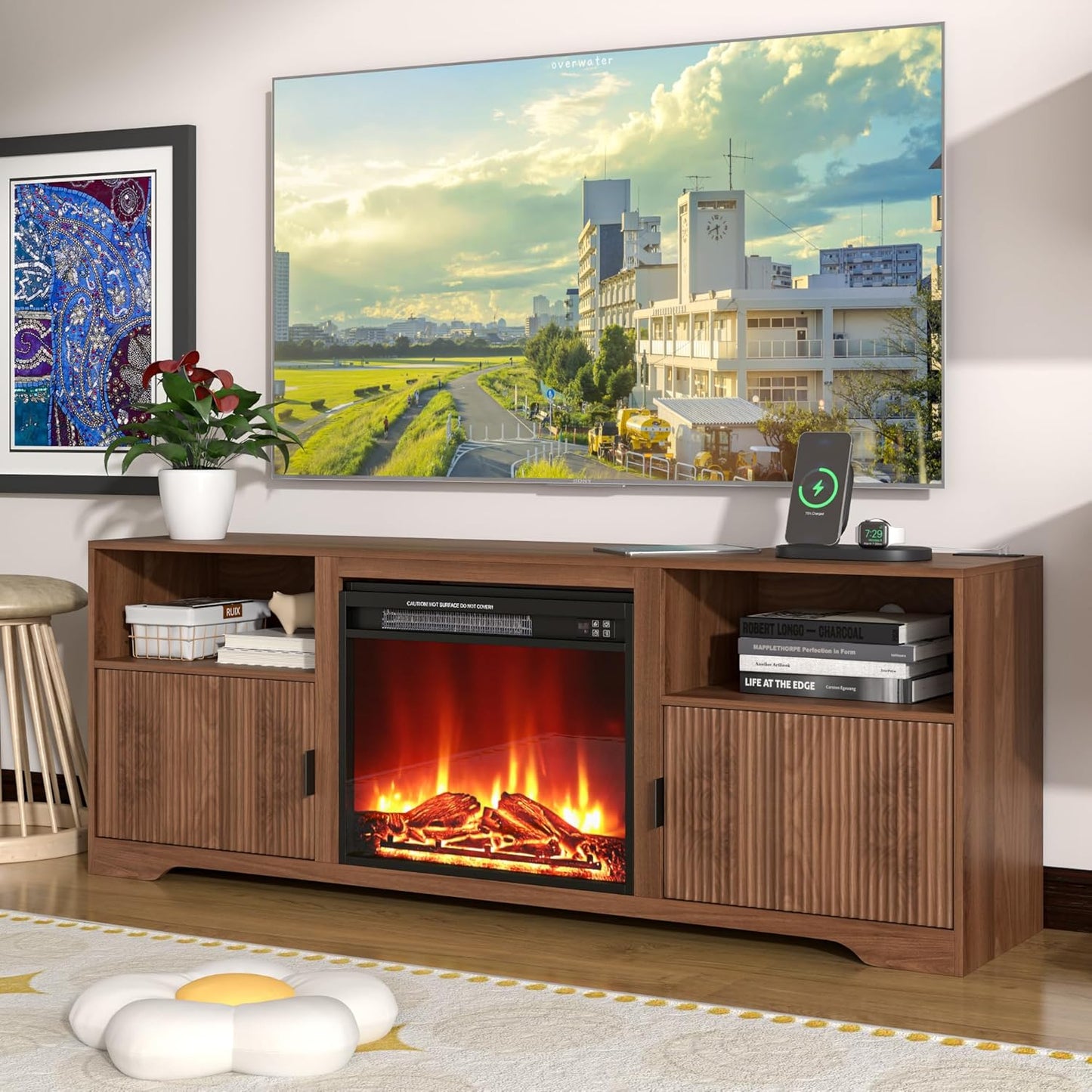 Fireplace TV Stand for Television up to 80 Inch,Entertainment Center with Adjustable Shelf,Mid-Century Modern Fluted TV Stand with 23" Electric Fireplace,Media Console for Living Room,Bedroom