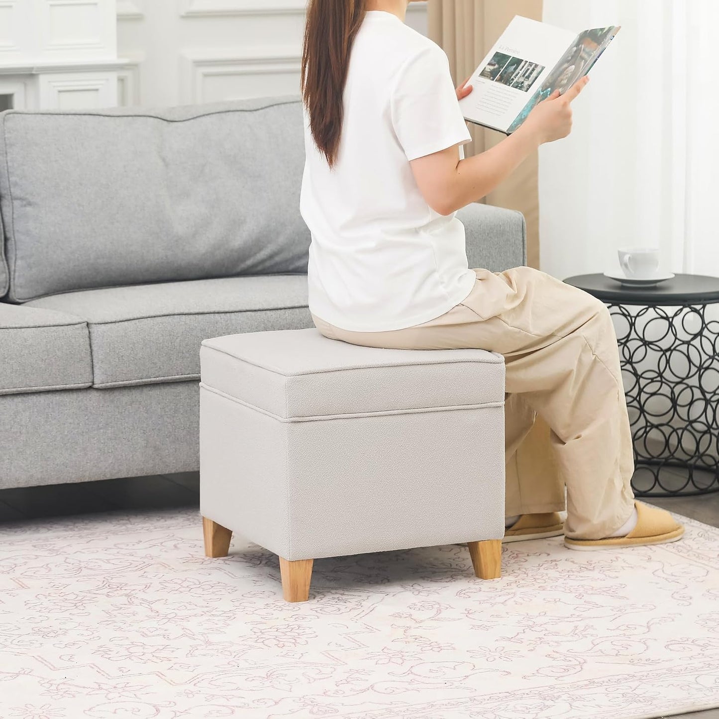 Adeco 17.5" Square Fabric Ottoman with Storage - Upholstered Cotton Linen Foot Rest - Flip Top Footstool with Sturdy Wood Legs, Small Cube Coffee Table Extra Seat for Living Room, Bedroom, White