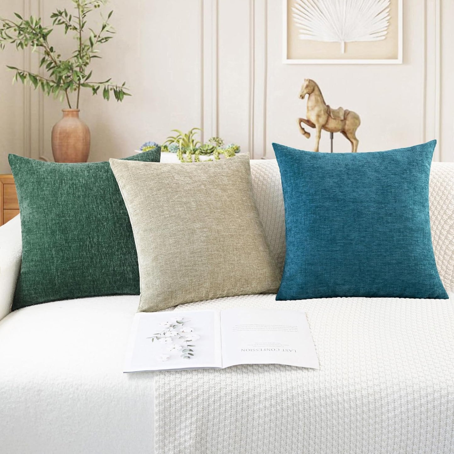 CaliTime Throw Pillow Covers Decorative 16 X 16 Inches Pack of 2 Cozy Chenille Cushion Cases for Couch Sofa Bed Living Room Home Ocean Blue