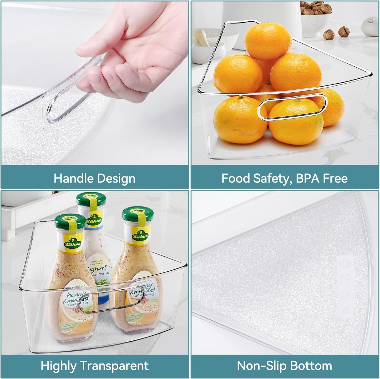 Oubonun Lazy Susan Organizers Set of 4, 10.2”x 9.4”x 4” Plastic Transparent Kitchen Cabinet Storage Bins with Handle, 4" Deep Container, 1/8 Wedge - Food Safe, without BPA