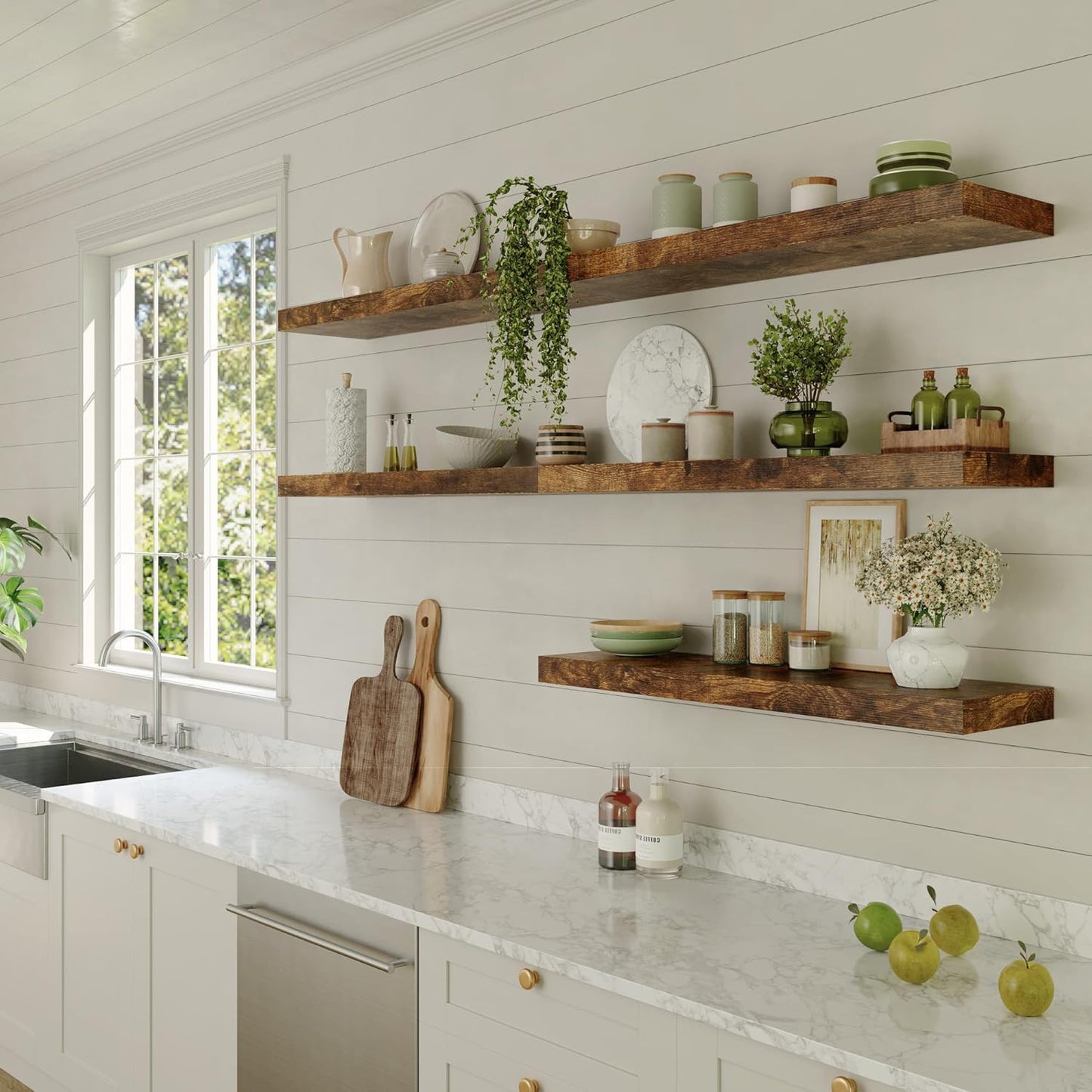 Large Floating Shelves for Wall Set of 3 Wooden Wall Shelves 36 in x 12.75 in x 2 in Room Decor Long Shelf with Invisible Wall Mount Bracket for Bedroom Kitchen Living Room Rustic Brown