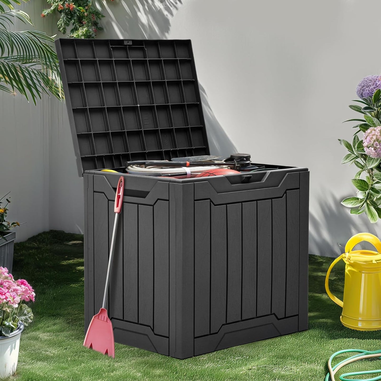 YITAHOME 31 Gallon Resin Deck Box Outdoor Storage Box and Waterproof Package Delivery Box with Lockable Lid for Patio Furniture, GardenTools, Pool Supplies, Black