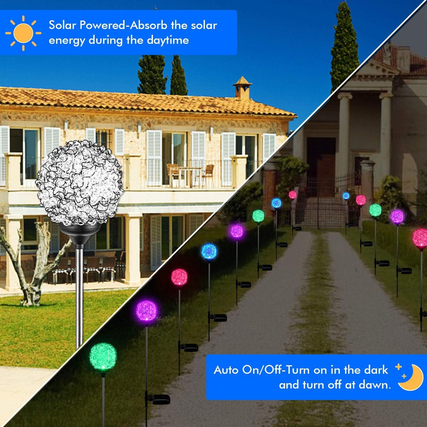 Solar Garden Lights Outdoor, Upgraded Globe Powered Garden Light, Multi-Color Changing LED Solar Stake Lights for Patio Backyard Pathway Party Decoration (Stainless Steel, 2 Pack)