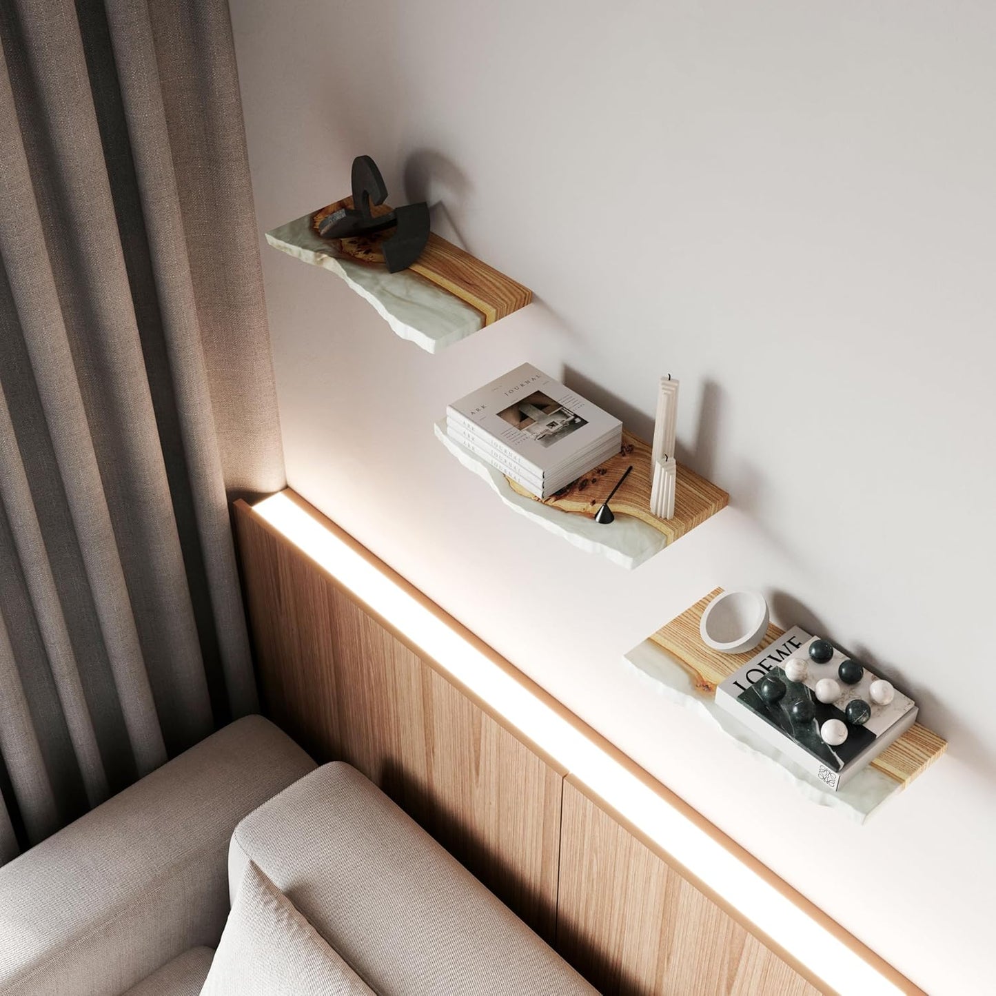 RWA Unique Live Edge Floating Shelf for Wall - Stylish Hanging Shelves for Room Wall Bedroom Bathroom Office Decor, Epoxy and Wood Wall Shelf Plank - Elegant Wall Mounted Shelves (platinum, 24x7")