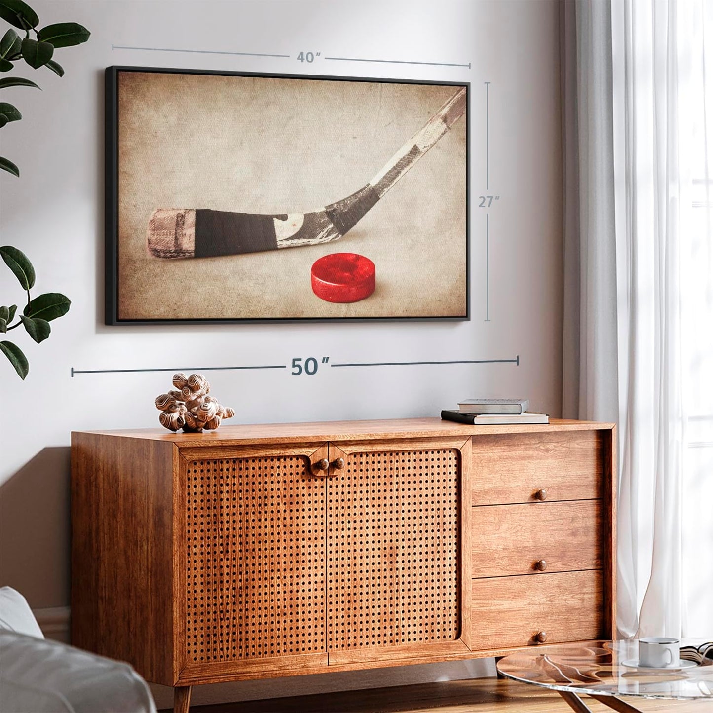 Elephant Stock Vintage Ice Hockey Wall Art - Horizontal Framed Canvas - 1-Piece Hallway Wall Decor - Photography Sports Canvas Print - Brown and Beige Decor for Wall - 40" X 27"