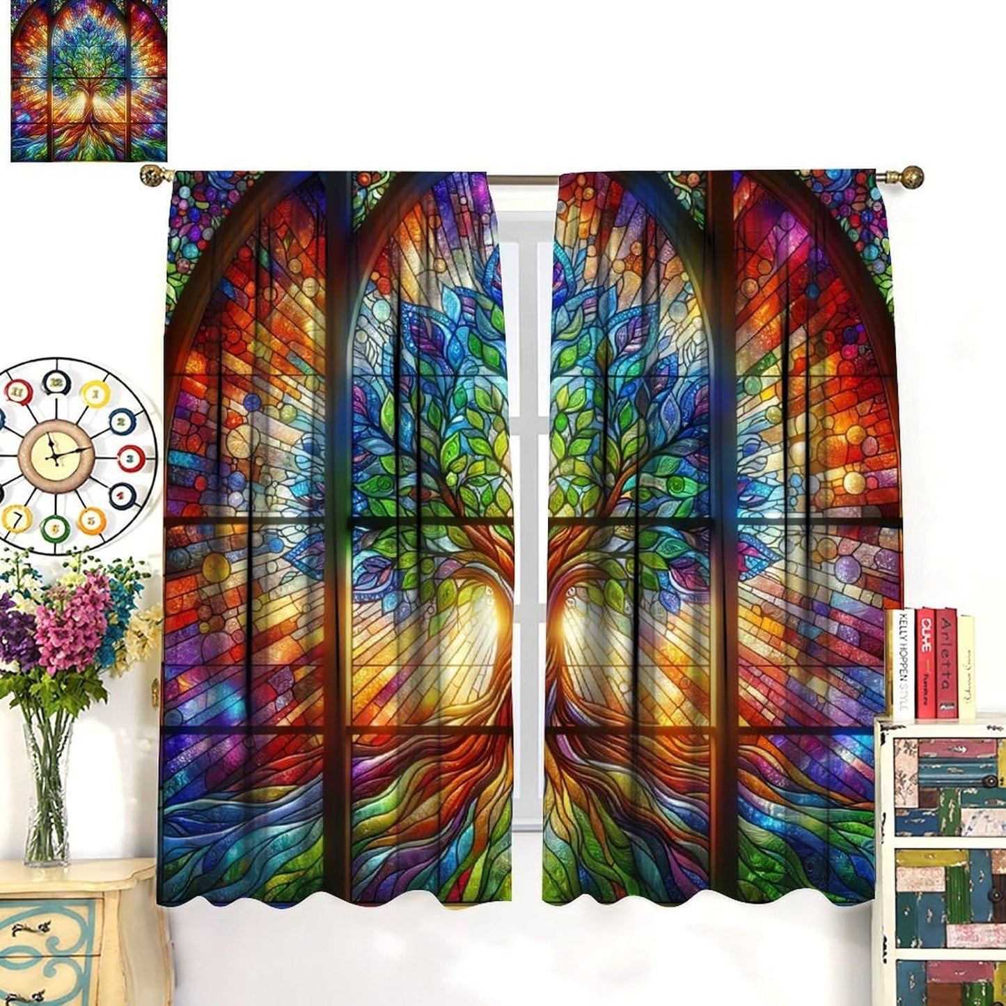 Stained Glass Curtains,Tree of Life Colorful Abstract Art Home Decor Drapes for Bedroom Living Room Kitchen Window Treatment 2 Panels Set Total Size 72" W X 63" L Inch