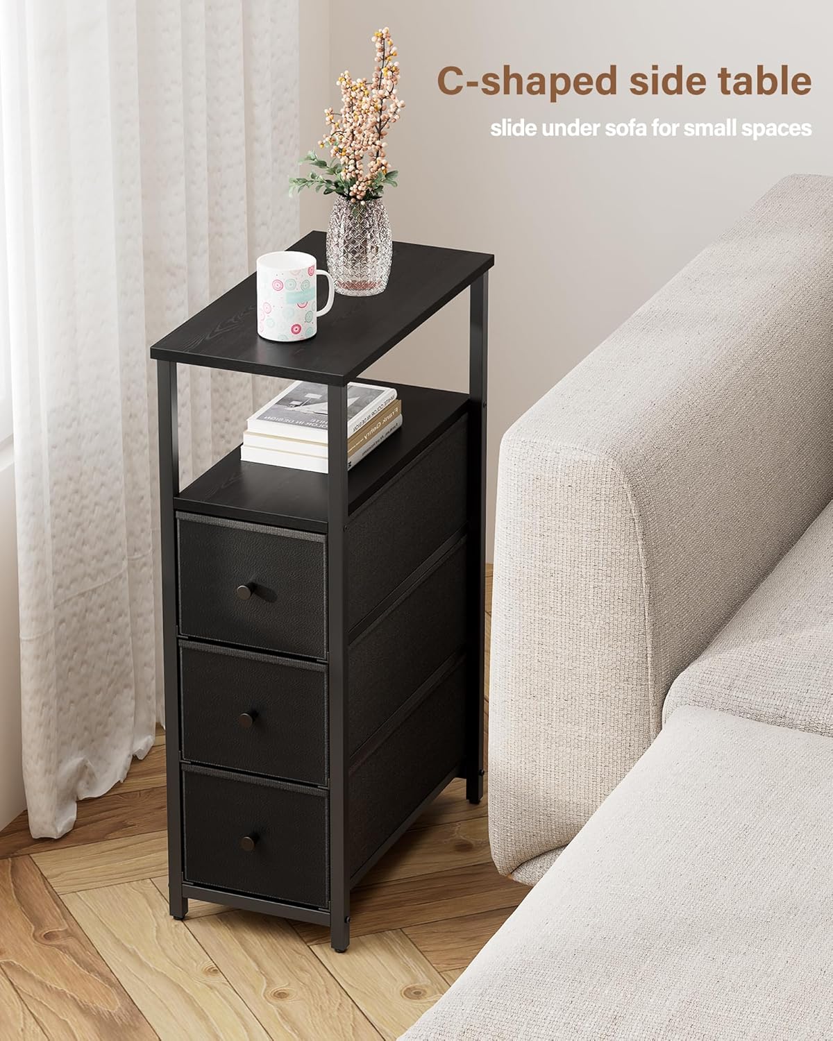 TUTOTAK Narrow Night Stand, Slim End Table, Tall Side Table with 3 Fabric Drawer, Small Bedside Table with Storage, Set of 2, for Living Room, Bedroom, Black TB01BK072