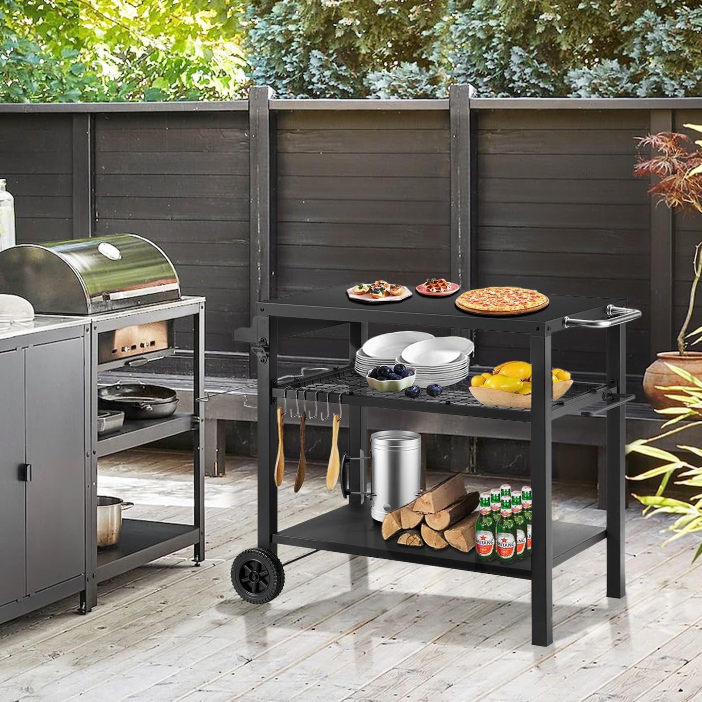Grill Cart Table with Three Shelf, Movable Outdoor Dining Cart Pizza Oven Stand with Three Hooks, Kitchen Cart Island Multifunction Food Prep Table (Black)