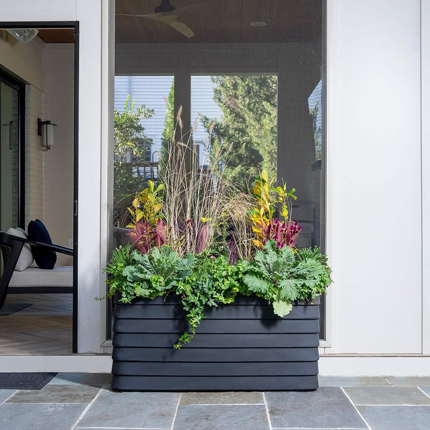 Crescent Garden Slat Medium Rectangular Planter Box for All-Weather - Self-Watering Outdoor Deck Box Planter for Flowers and Herbs (Parchment, 36'' x 17'' x 17''H)