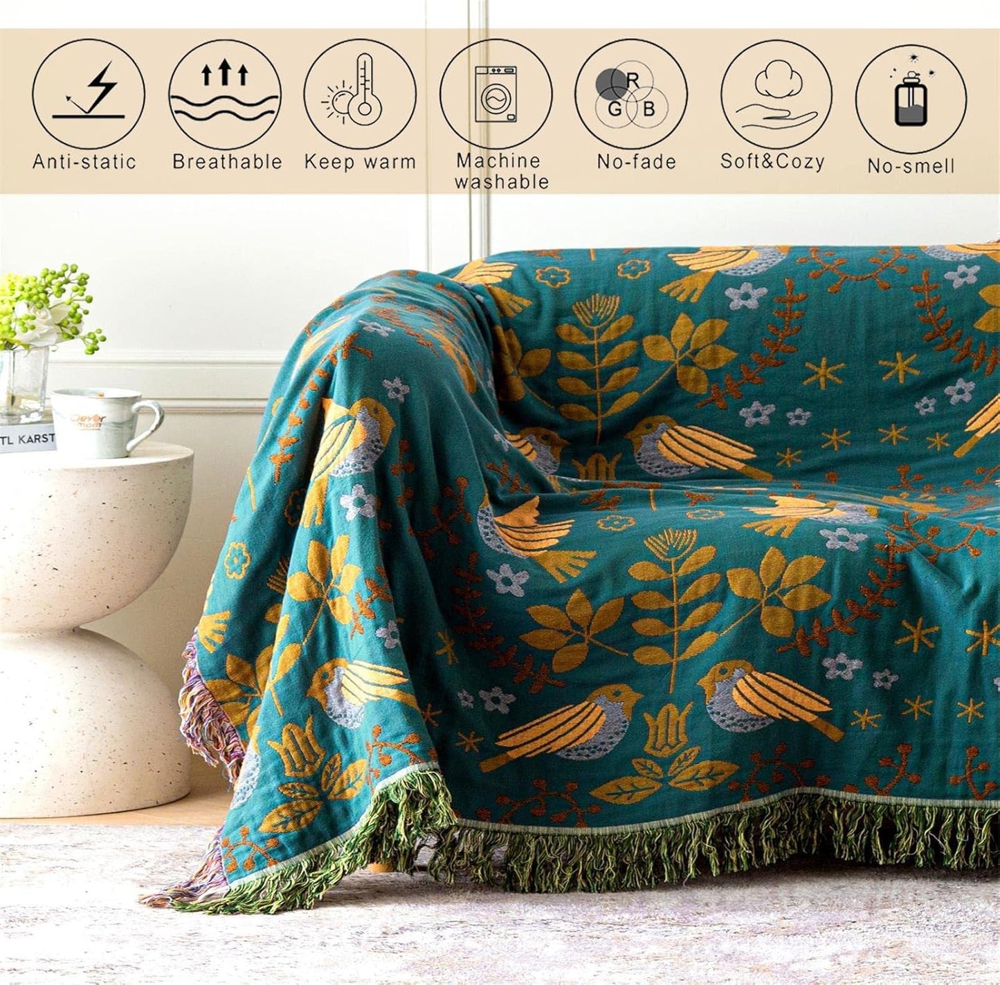 MSGKV Boho Throw Blanket 100% Cotton Blankets for Bed Couch 60''x80'', Soft Summer Blanket Travel Boho Quilt Muslin Blanket Home Decor Farmhouse Warm Throws Gifts for Women Mom