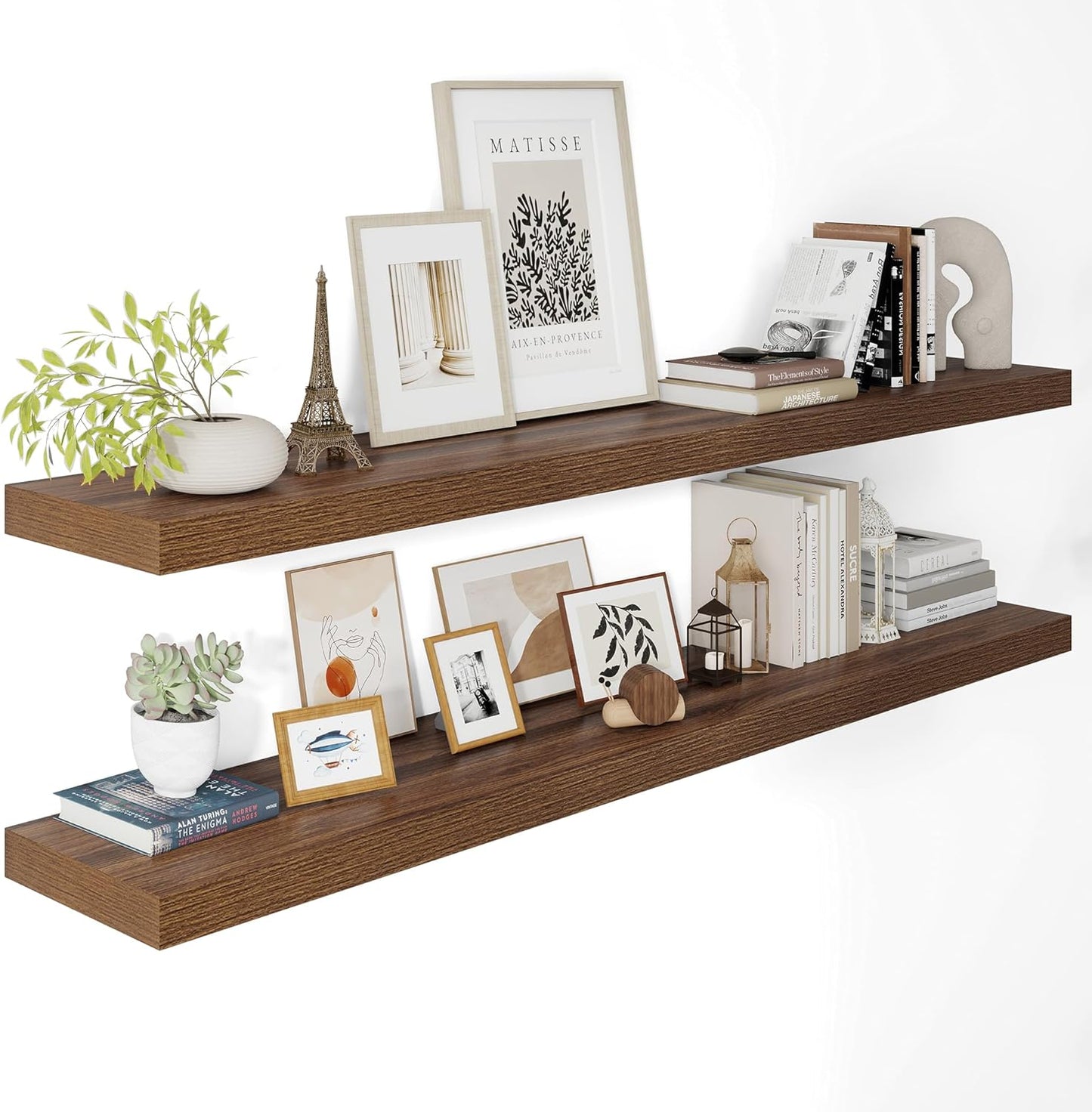 Wide Floating Shelves for Wall 12 Inch Deep, 55" X 12" X 2" Floating Shelf, 2 Inch Thick Shelf for Bathroom Bedroom Kitchen Book Room, Heavy Duty 85lbs Shelves for Farmhouse Decor Set of 2, Walnut
