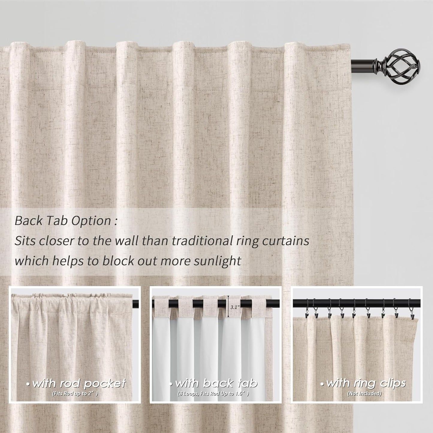 BOODII Oatmeal Linen Black Out Curtains 80 Inch Long 2 Panels Set for Bedroom Light Blocking Curtains Greige with 100% Blackout Backing Warm Taupe Thermal Insulated Room Darkening Nursery Curtain