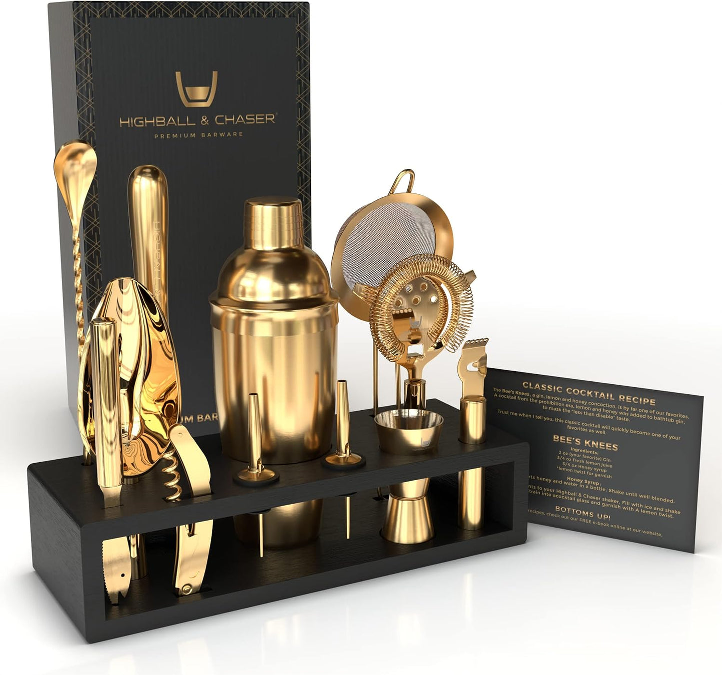Highball & Chaser Bartender Kit with Espresso Bamboo Stand. Beautiful Cobbler Cocktail Shaker Set with Bar Tools Rustproof Stainless Steel Bar Set (Matte Gold)