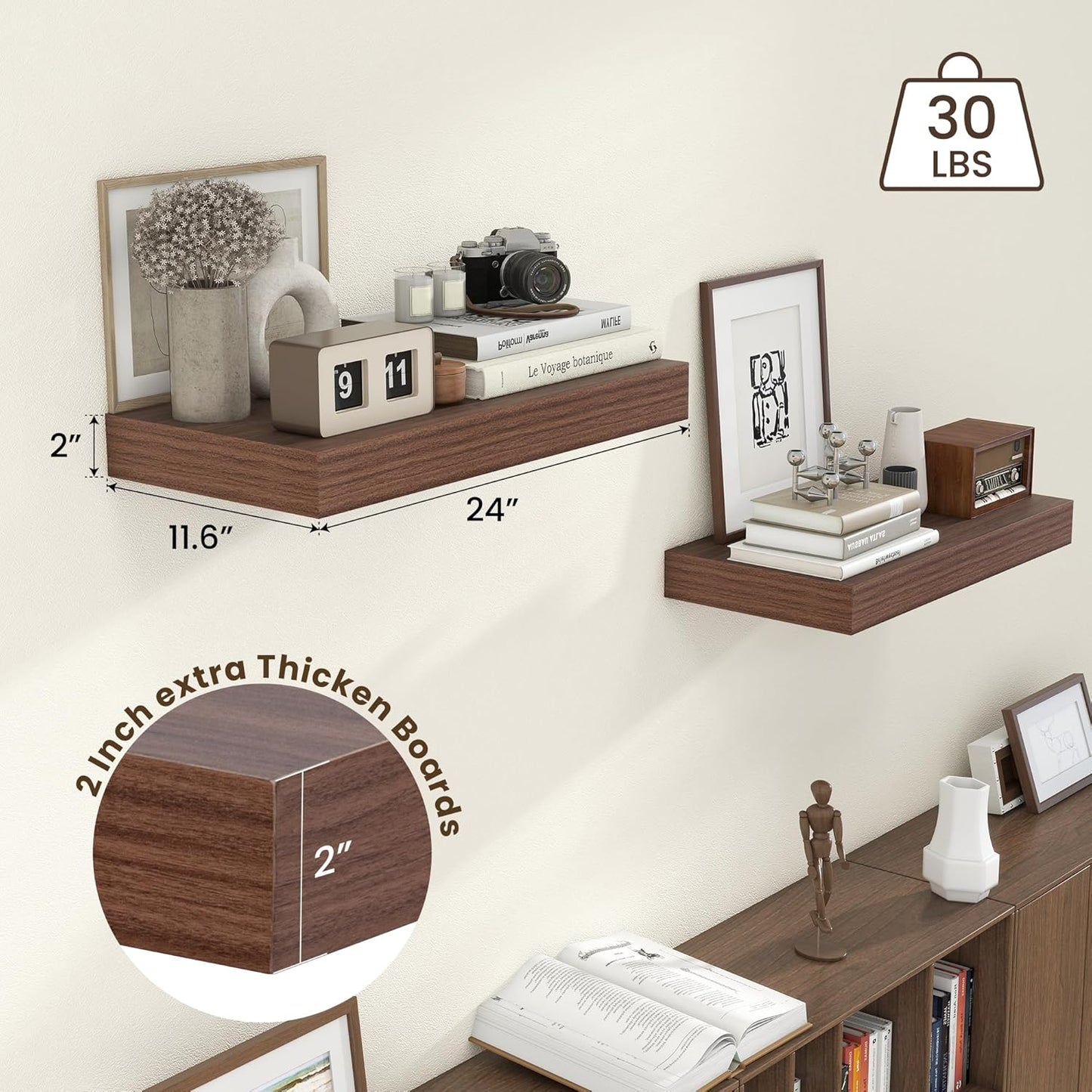 Floating Shelves for Wall - 24 Inch Wide x 12 Inch Deep Floating Shelves Set of 2-24W x 12D Wide Wall Shelf for Living Room Laundry Room Bedroom Kitchen Home Office
