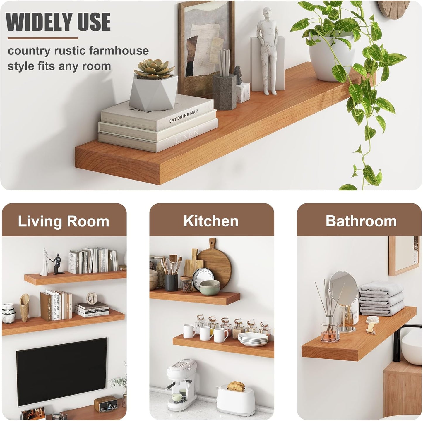 Floating Shelves for Wall, USA-Sourced Cherry Wood 24 Inch Wall Shelves Set of 2, Natural Wooden Wall Mounted Picture Ledge Shelf, Nursery Book Storage Shelf Kids Bookshelf, Display Shelf for Bathroom