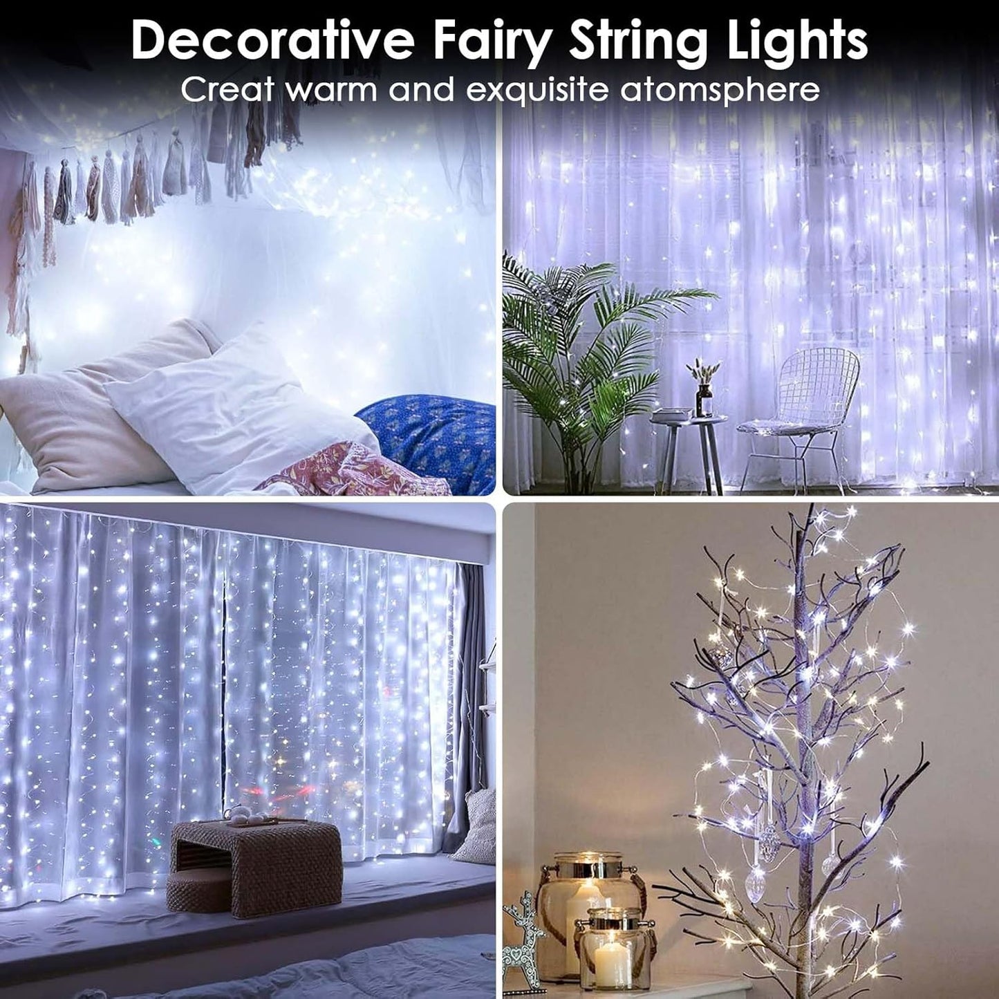 4-Pack Fairy Lights Battery Operated with Remote, Waterproof 33FT 100 LED Battery String Lights Outdoor Indoor, 8 Modes Twinkle Lights with Timer for DIY Home Centerpiece Christmas Decor (Cool White)