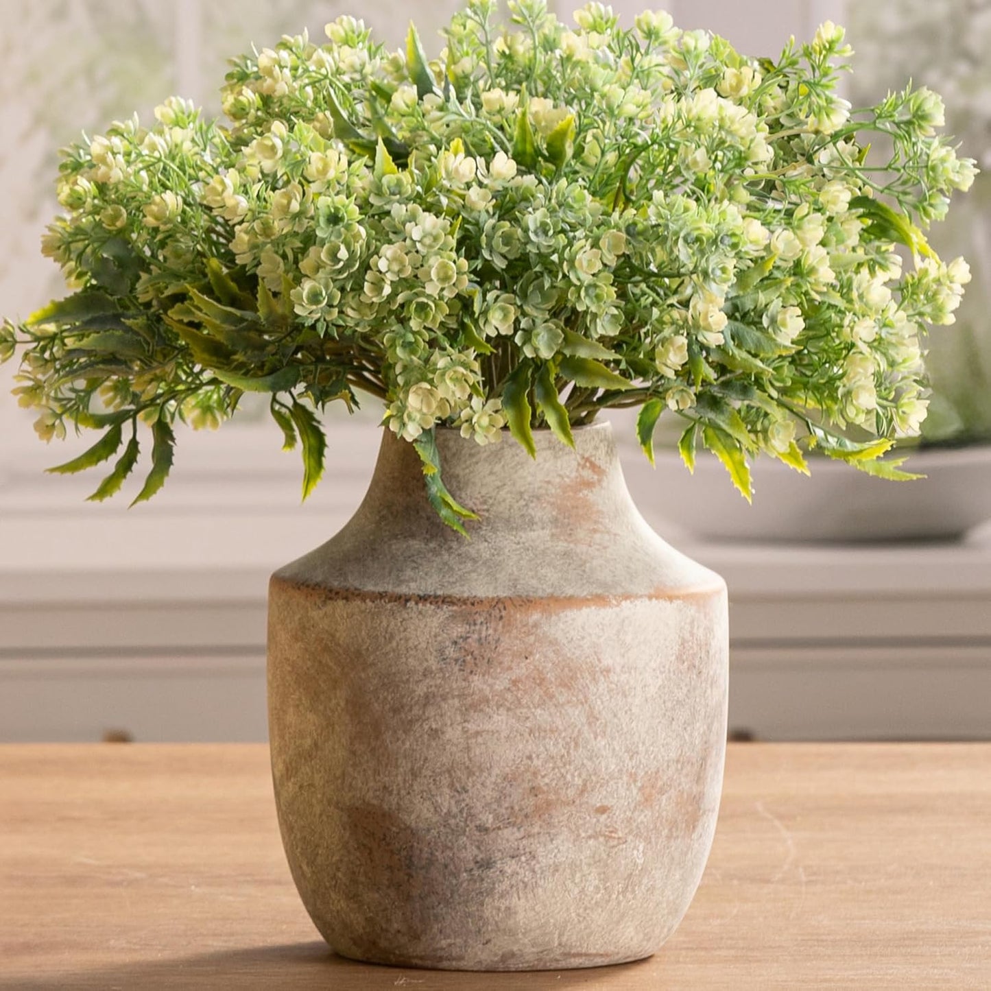 Mitt&Ditt Ceramic Flower Vase, 7.5 inch Off-White Farmhouse Rustic Vase, Handcrafted Weathered Pottery Vases, Small Flower Terracotta Vases for Home Decor, Living Room, Table, Shelf