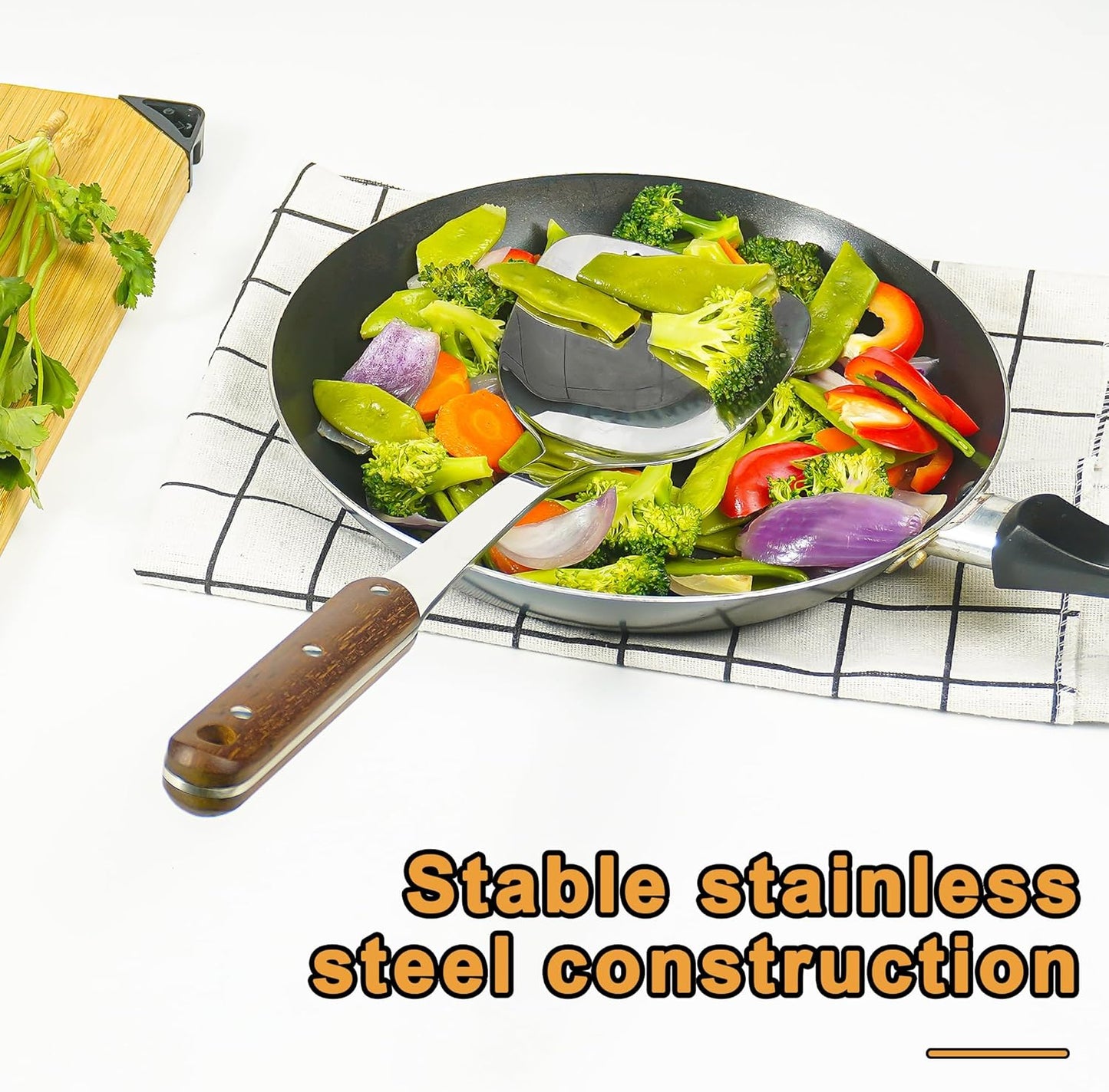 FJNATINH Stainless Steel Wok Spatula and Ladle Tool, Mirror Polished Cooking Utensils Set Metal Wok Accessories with Wooden Handle,Easy to Clean Kitchen Utensils,Sliver