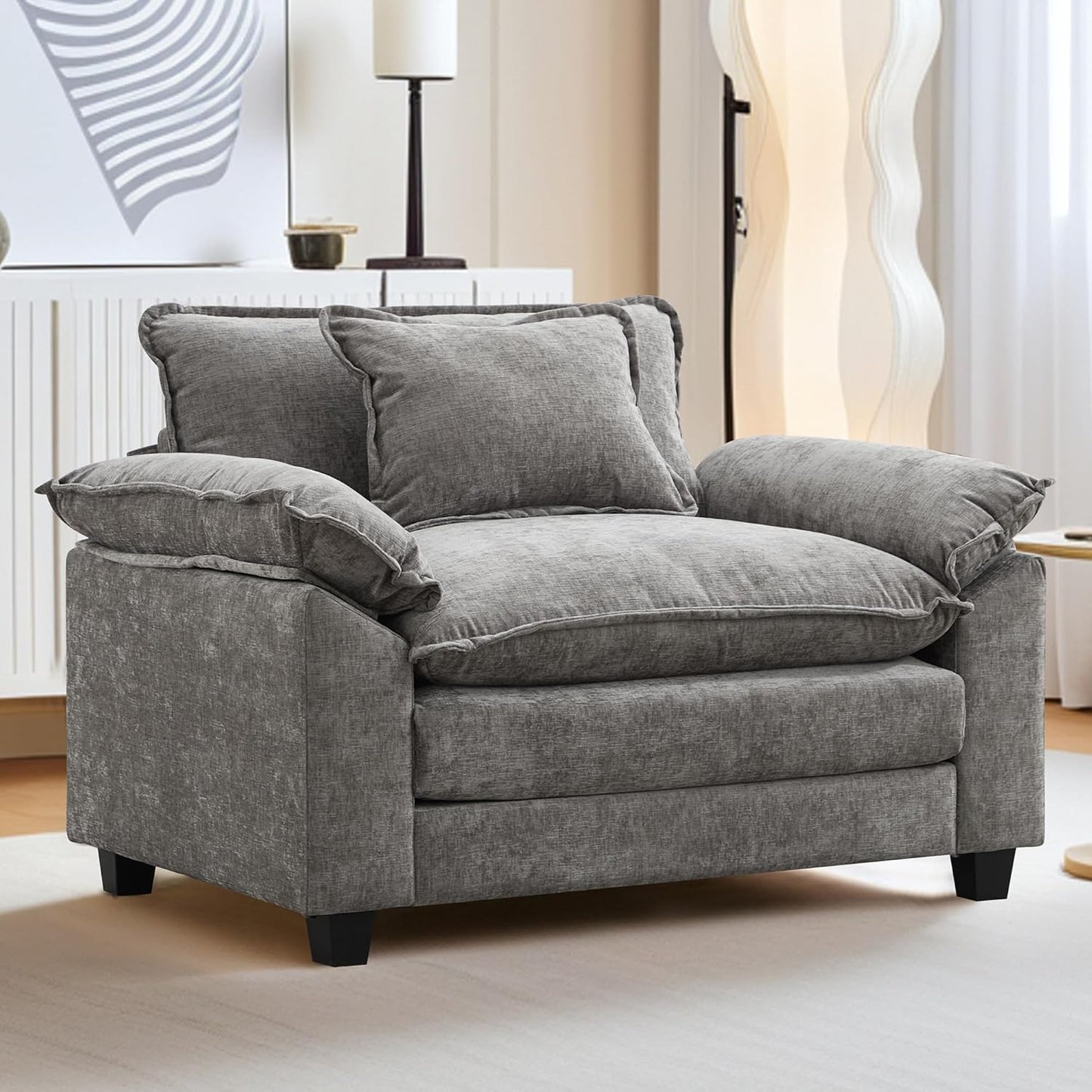 URRED Modular Sectional Sofa Comfy Cloud Couch, Modern Chenille Sofa Sleeper Deep Seat Couches with Ottoman/Pillows for Living Room (Gray, 53'')