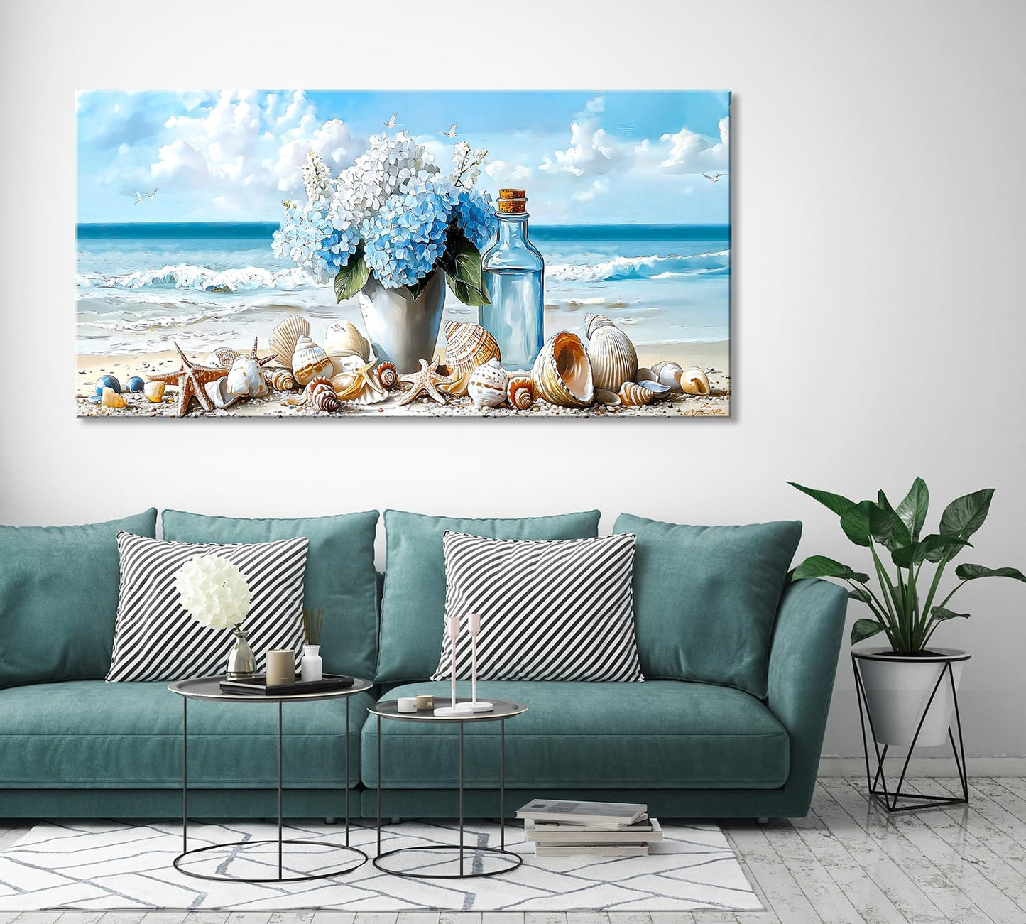 LASMOND Romantic Beach Wall Art for Living Room Blue Shells Conch Vase Canvas Prints Modern Large Flower Bottle Bedroom Ocean Artwork Decor (46x23 Inches)
