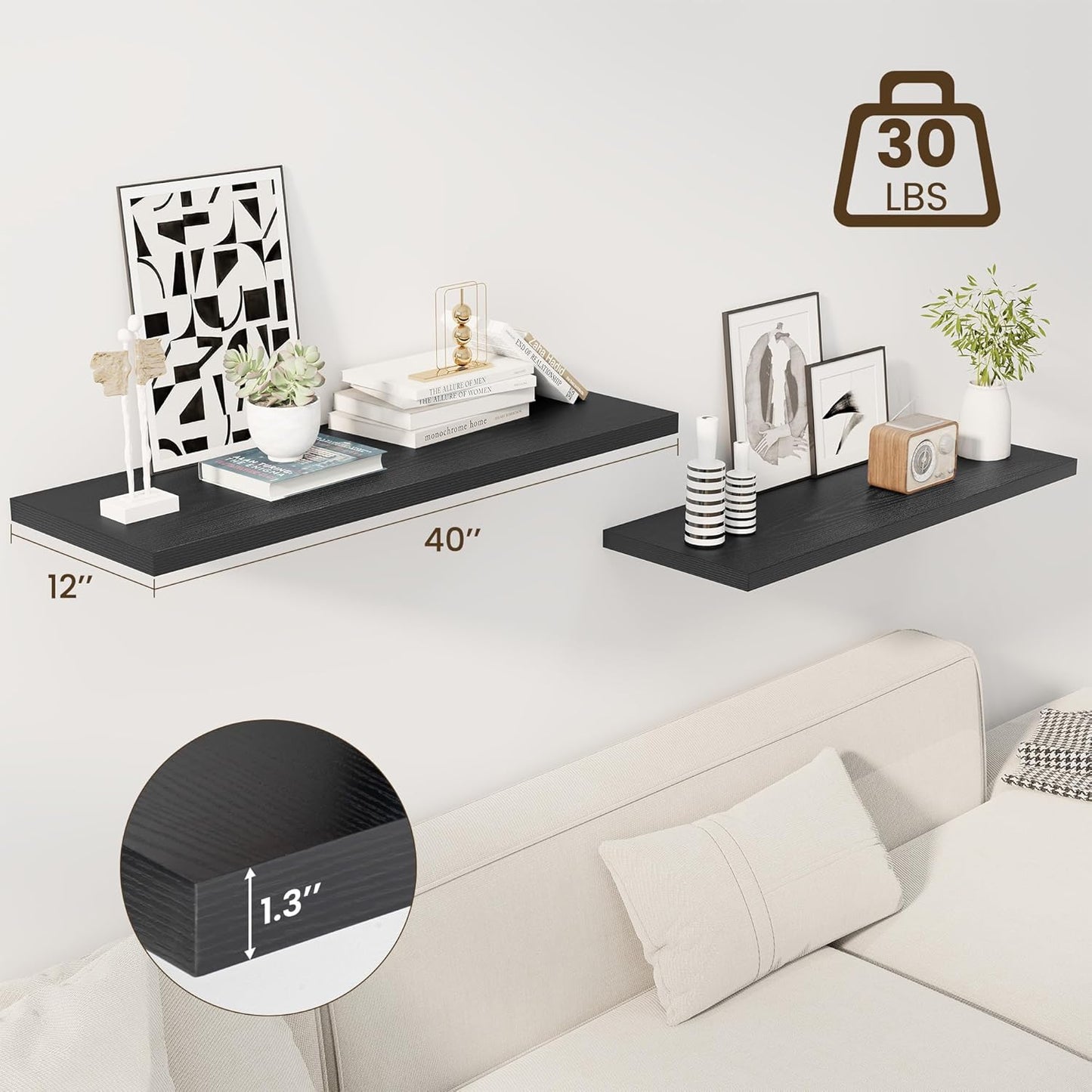 40" Floating Shelves for Wall, 12" Deep Slim Black Floating Shelves, Wall-Mounted Shelves for Bedroom, Living Room, Kitchen, Bathroom - Set of 2