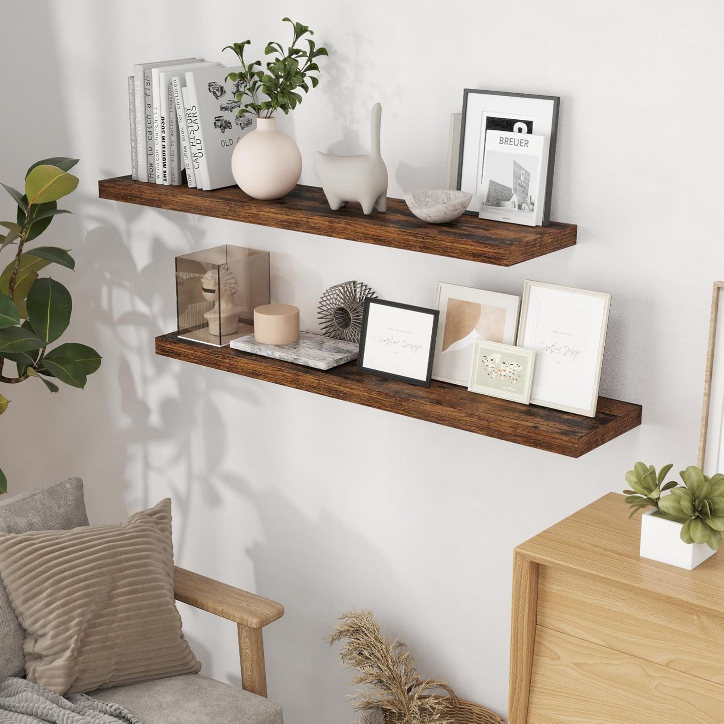 48 Inch Floating Shelves Set of 2, Rustic 48 x 9 Floating Shelf for Wall, 9 Inch Deep Bookshelf Invisible Bracket, Wall-Mounted Deep Shelving for Bedroom, Kicten, Living Room, Rustic Brown Color