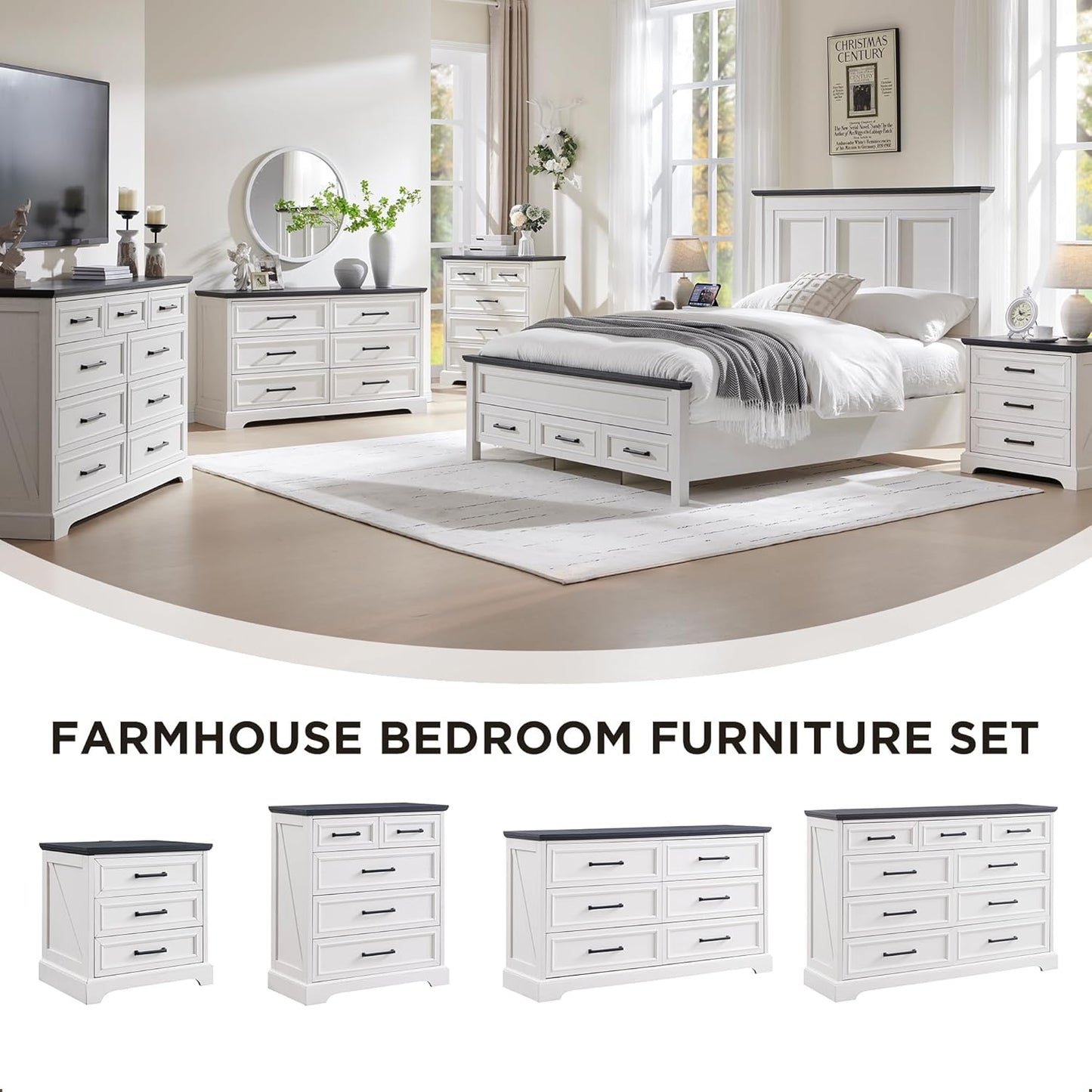 Farmhouse 6 Drawer Dresser for Bedroom, 52 Inch Wide Modern Dresser TV Stand with Large Drawers & Bar Handles, Rustic Wood Chest of Drawers for Bedroom, Living Room, Hallway, Off White