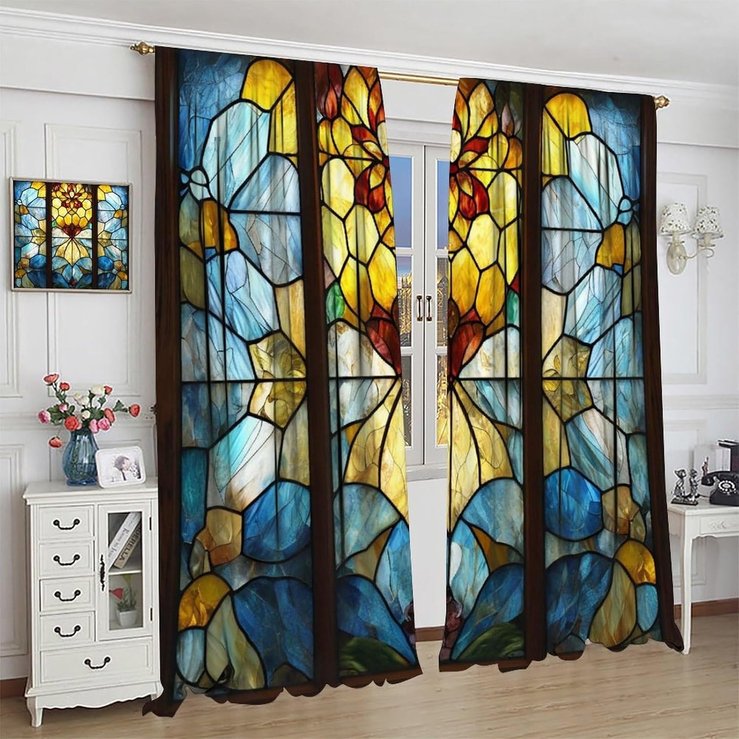 Stained Glass Curtains,Retro Abstract Colorful Art Home Decor Drapes for Bedroom Living Room Kitchen Window Treatment 2 Panels Set Total Size 42" W X 54" L Inch