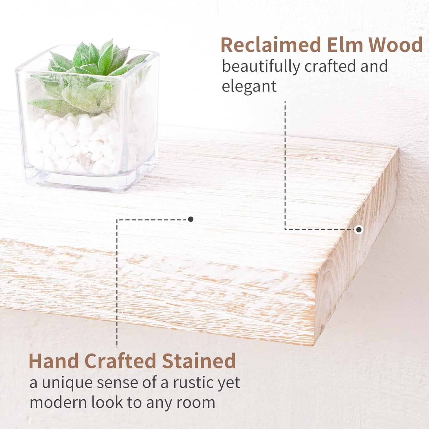 Rustic Elm Wood Floating Shelves - 72'' W x 8" D Wall Mounted Mantel Shelf with Invisible Bracket, Large Long Storage Shelves for Living Room, Bedroom, Kitchen, Bathroom, White Wash