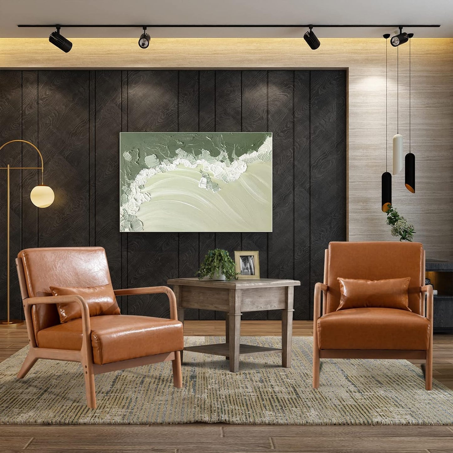 INZOY Mid-Century Modern Accent Chair Set of 2, PU Leather Reading Armchair with Waist Cushion, Upholstered Living Room Chairs for Bedroom Sunroom, Camel Set