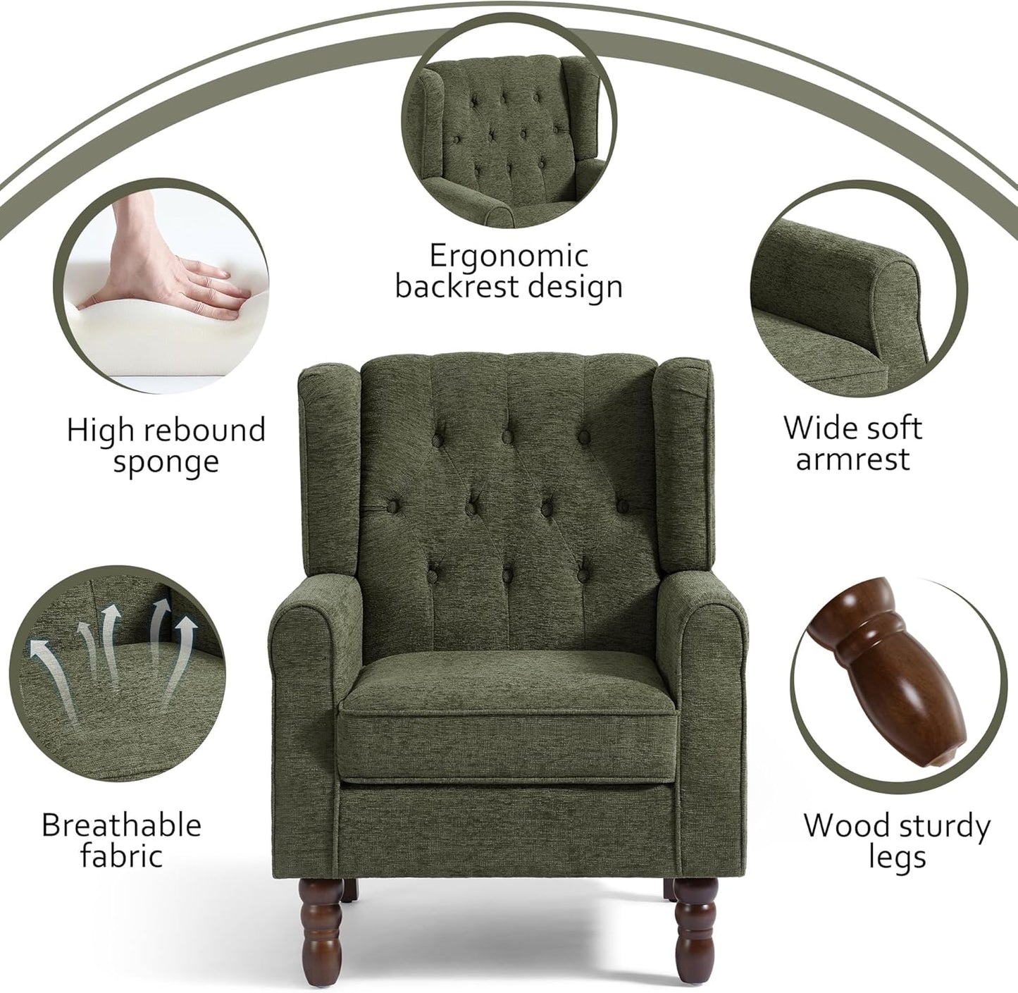 Lumibee High Back Accent Chair,Upholstered Wingback Armchair with Solid Wood Legs for Small Spaces,Comfy Single Sofa Chair for Living Room,Bedroom,Office-Green