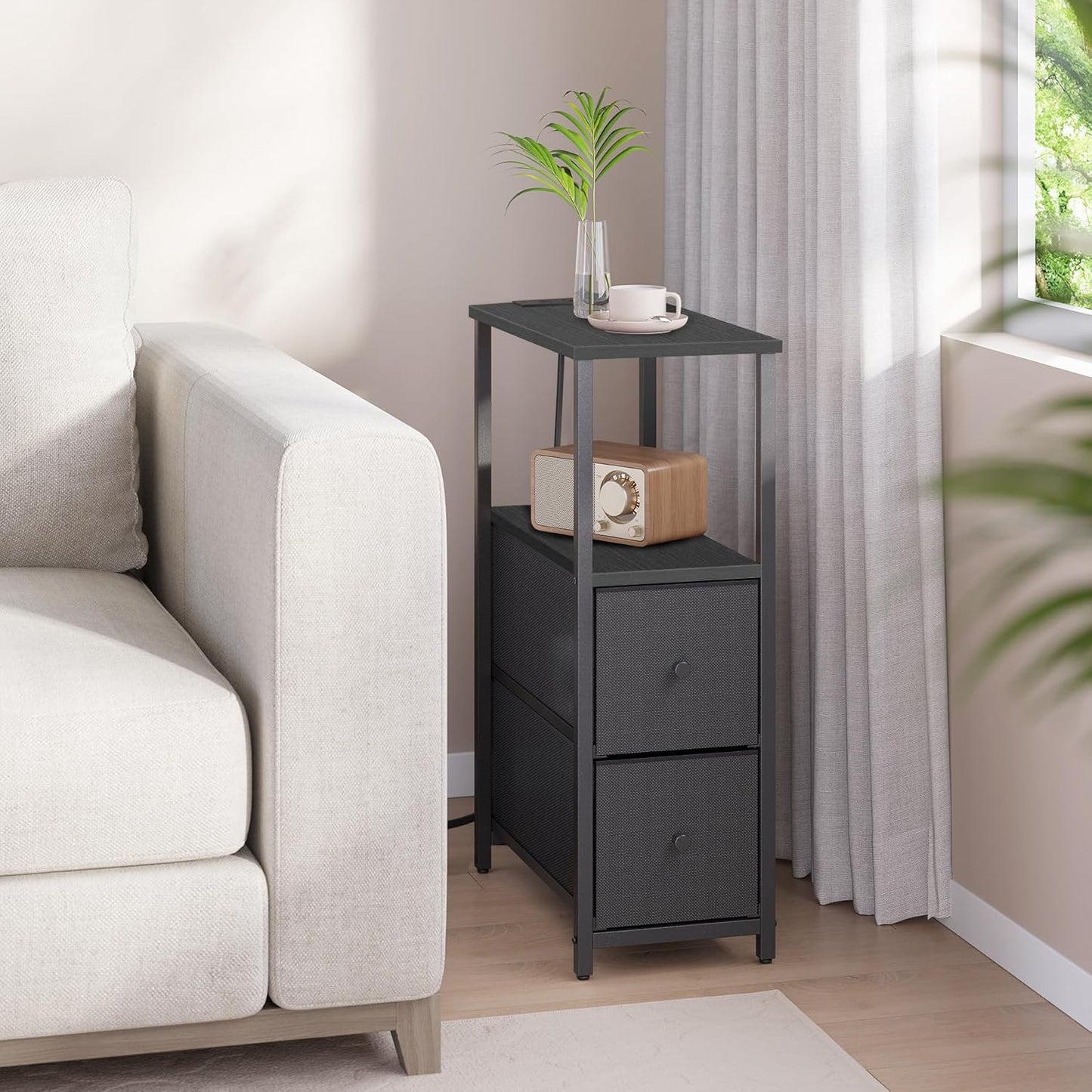 TUTOTAK Small Narrow End Table with Charging Station, Side Table with Outlets, Nightstand with 2 Cloth Drawers, Couch Table, for Living Room, Bedroom, Bedside, Black TB01BK085