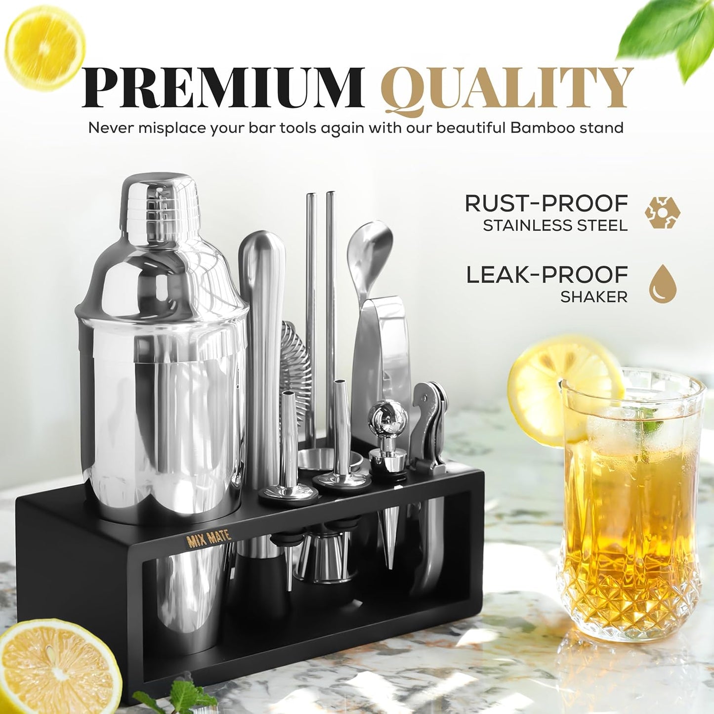 Mixology Bartender Kit with Stand - 15 Piece Bar Tool Set, Silver Bar Set Cocktail Shaker Set for Drink Mixing - Includes Martini Shaker, Jigger, Strainer, Bar Mixer Spoon, Tongs, Opener | Gift Idea
