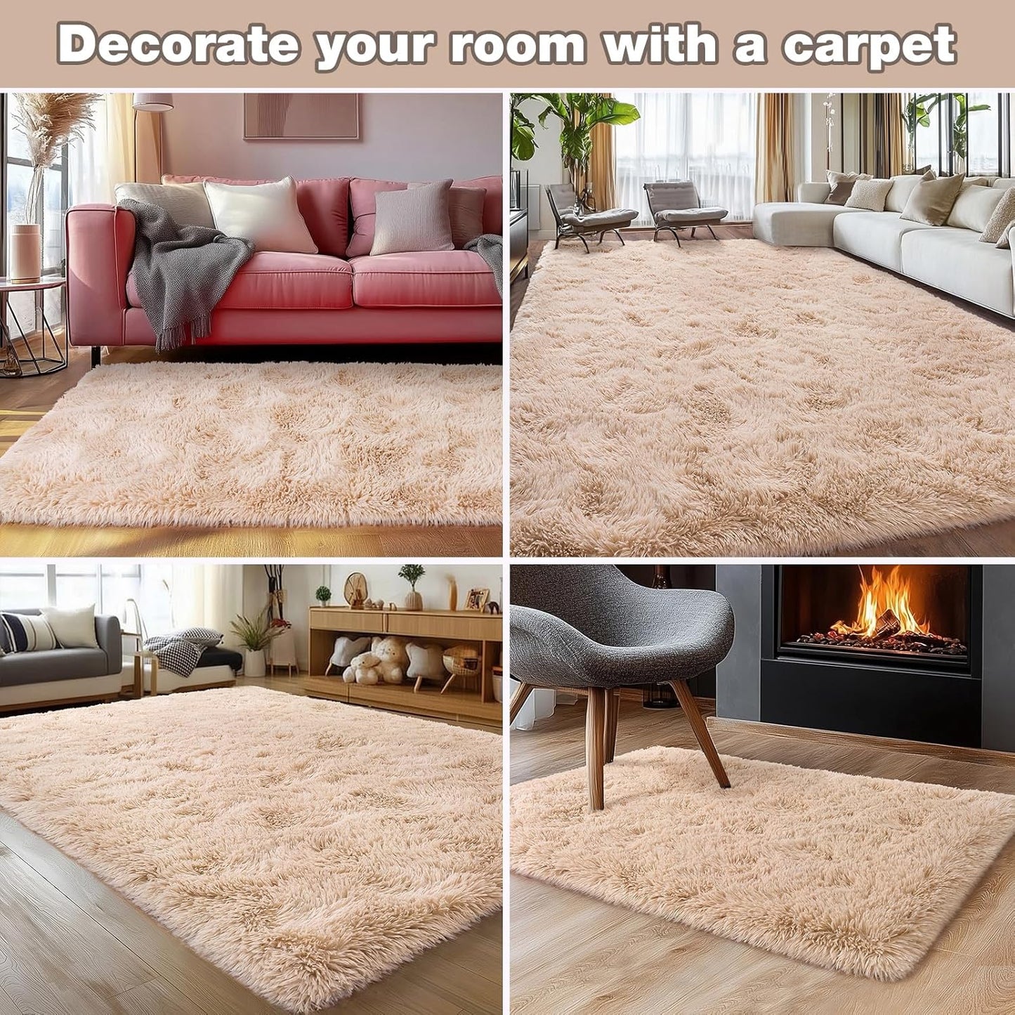 Rezutan Fluffy Rug for Living Room Bedroom,Soft Large Comfy Modern Shaggy Fuzzy Kids Rug for Living Room, Plush Indoor Nursery classroo Home Decor Bedside with Non-Slip Bottom,Camel, 8X10 Feet