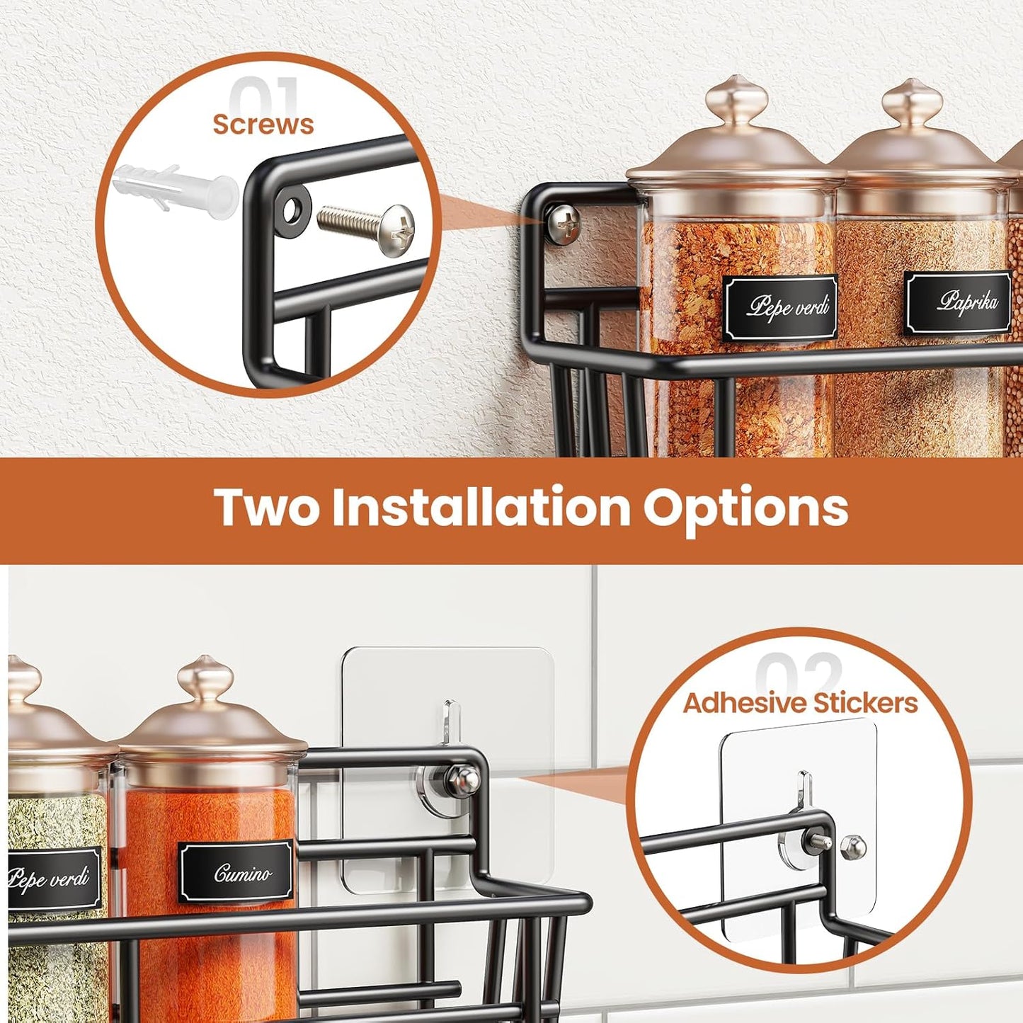 Spice Rack wall mounted 6 Pack, Space-Saving Spice Organizer for Spice Jars and Seasonings,Screw or Adhesive Hanging Spice Rack Organizer for Your Kitchen Cabinet,or Pantry Door