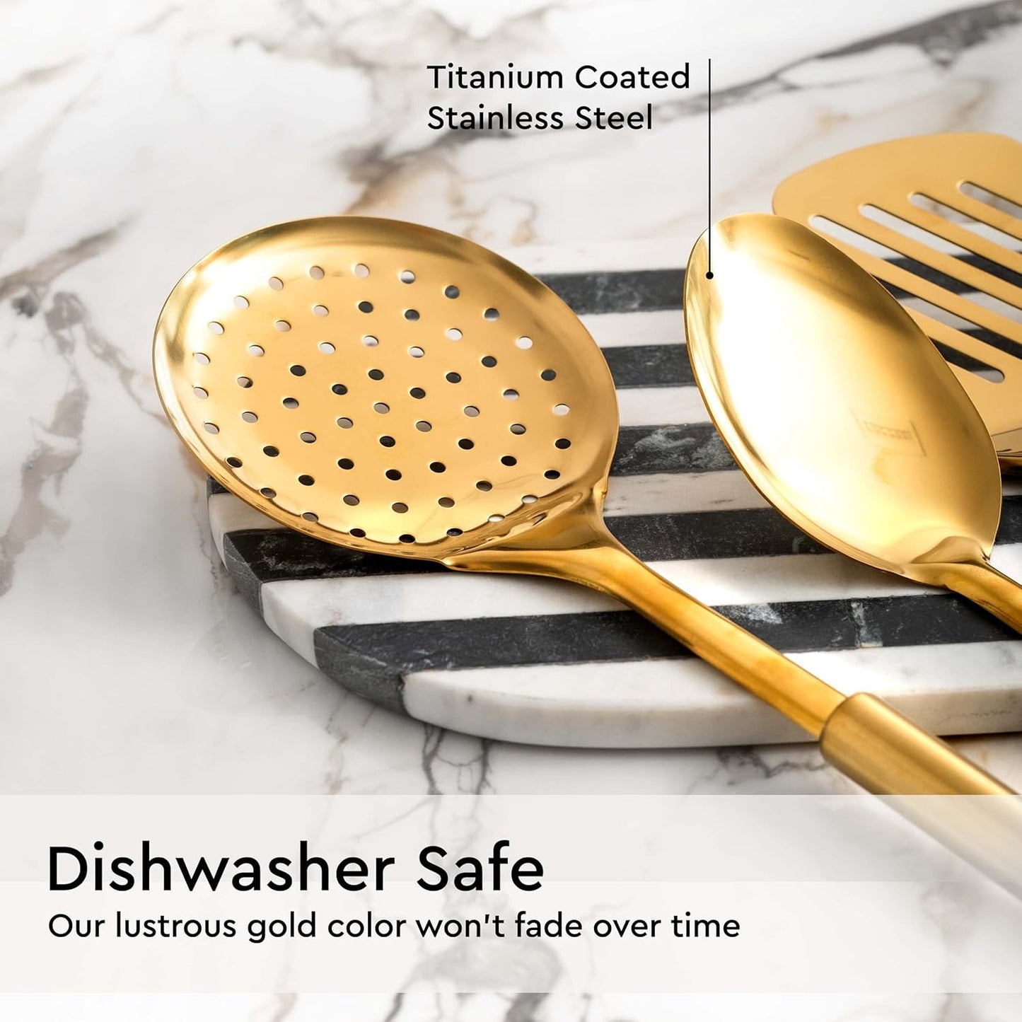Gold Cooking Utensils Set – 5-Piece Stainless Steel Kitchen Tools for Modern Cooking and Serving – Dishwasher Safe Ladle, Spoon, Spatula, Pasta Fork, Luxury Brass Kitchen Accessories for Home Chefs