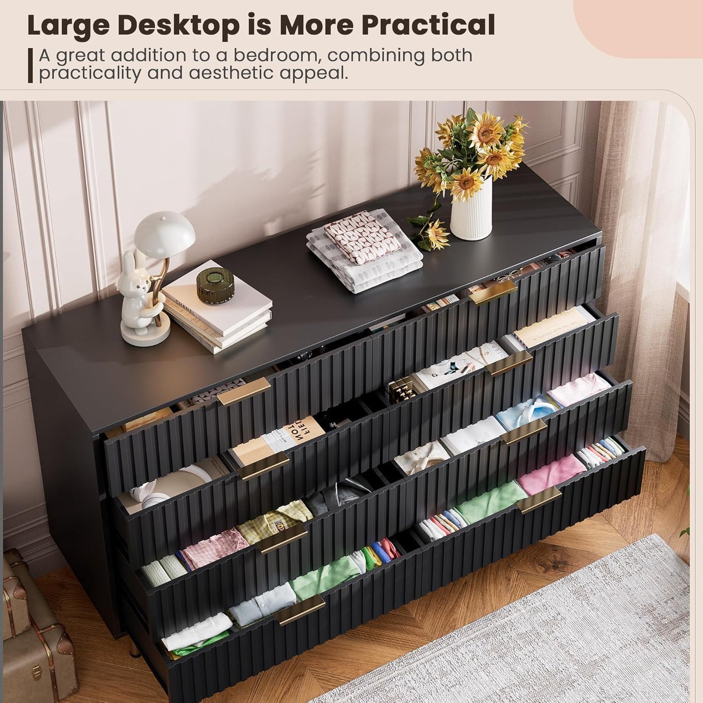 8 Drawer Dresser for Bedroom, Fluted 55" Wide Modern Chest of Drawers with Deep Drawers, Wooden Dresser Organizer for Living Room, Hallway, Kids Room, Black