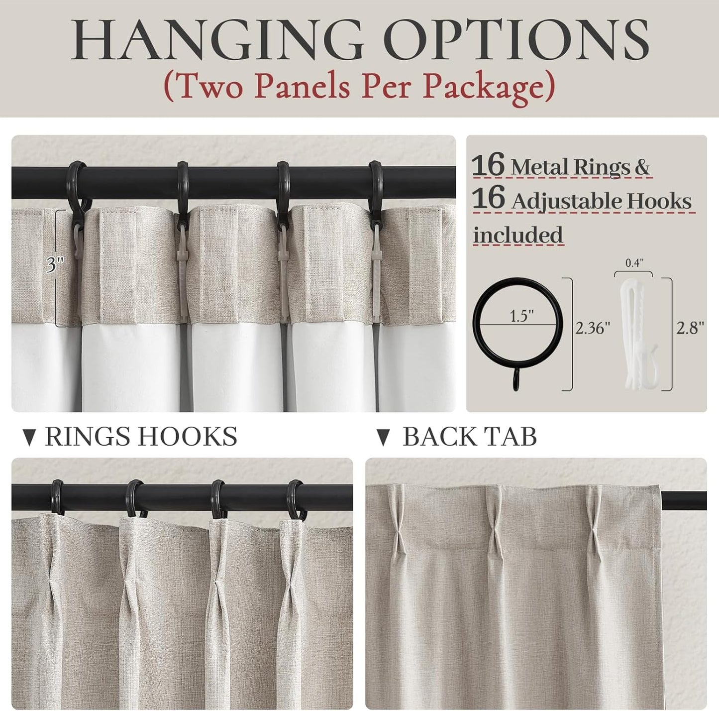 Primitive Curtain 108 Inch Long 2 Panels Burg,Pinch Pleated Cream Linen Blended 9 ft Floor Length to Ceiling Traverse Curtains for Living Room Extra Wide Blackout Drapes Sun Blocking Window