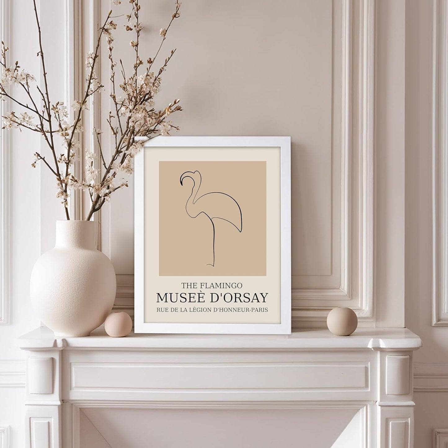 Poster Master Vintage Poster - Retro Minimalist Print - Gift for Artist, Housewarming - Flamingo, Line Drawing, Sketch, Abstract - Wall Decor for Living Room, Bedroom, 8x10 White Framed