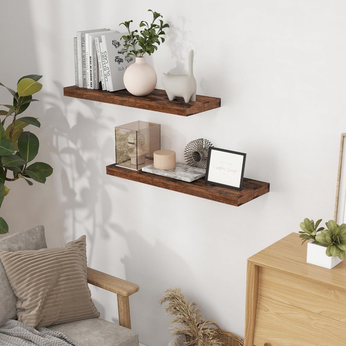Fun Memories 32 Inch Floating Shelves, Farmhouse Wood Floating Shelf Set of 2, 32 x 9 Floating Shelf Wall Mounted, Deep Storage Display Shelves for Kitchen, Bedroom, Living Room, Rustic Brown Color