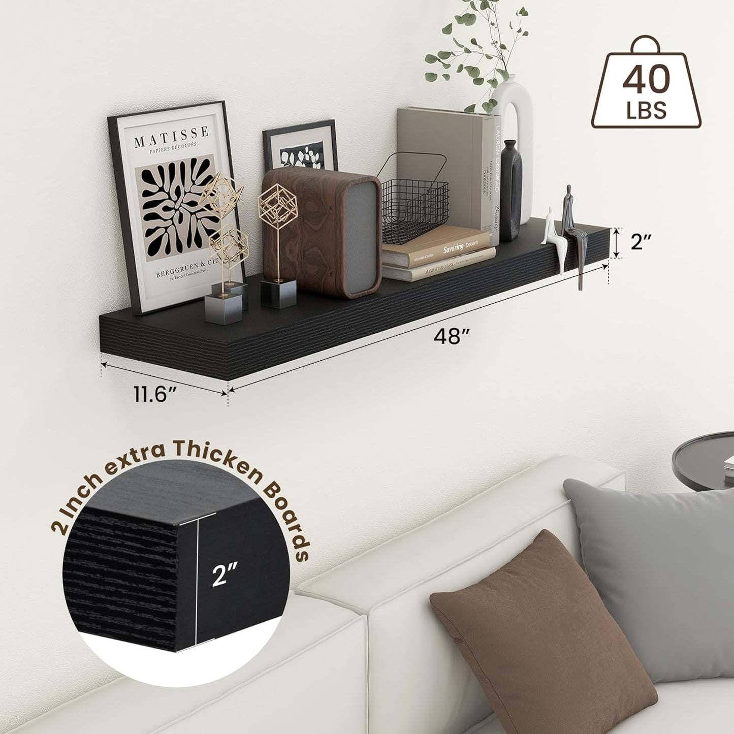 12'' Deep Floating Shelves, 48 Inch Large Floating Shelf Black, Deep Wall Shelves for Living Room Bathroom Laundry Room Bedroom Kitchen Home Office - Black