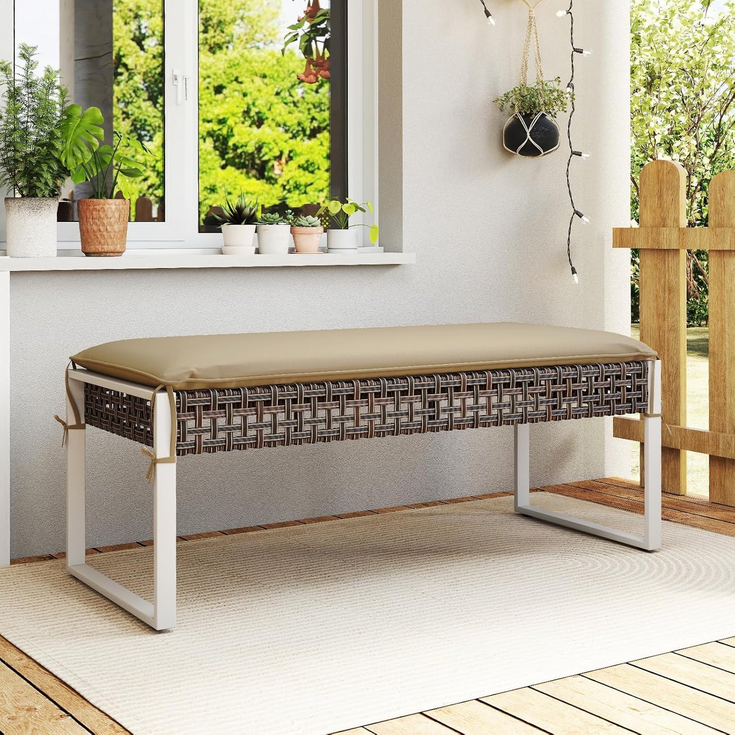 Tangkulka Outdoor Ottoman, Patio Rattan Heavy Duty Wicker Footrest with Soft Cushion & Metal Frame, Extra Seating, for Porch, Backyard, Lawn and Poolside (2)