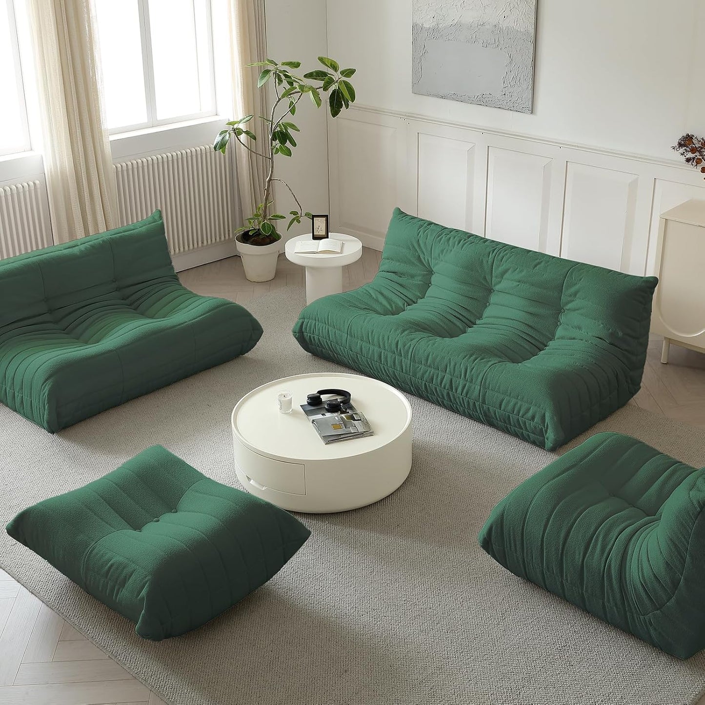 Luxury Sofa Couch Chair, Lazy Floor Seating, Fireside Bean Bag Chair, Ergonomic Tatami Sofa Lounger for Living Room, Bedroom, Office, 3 Seat, Green